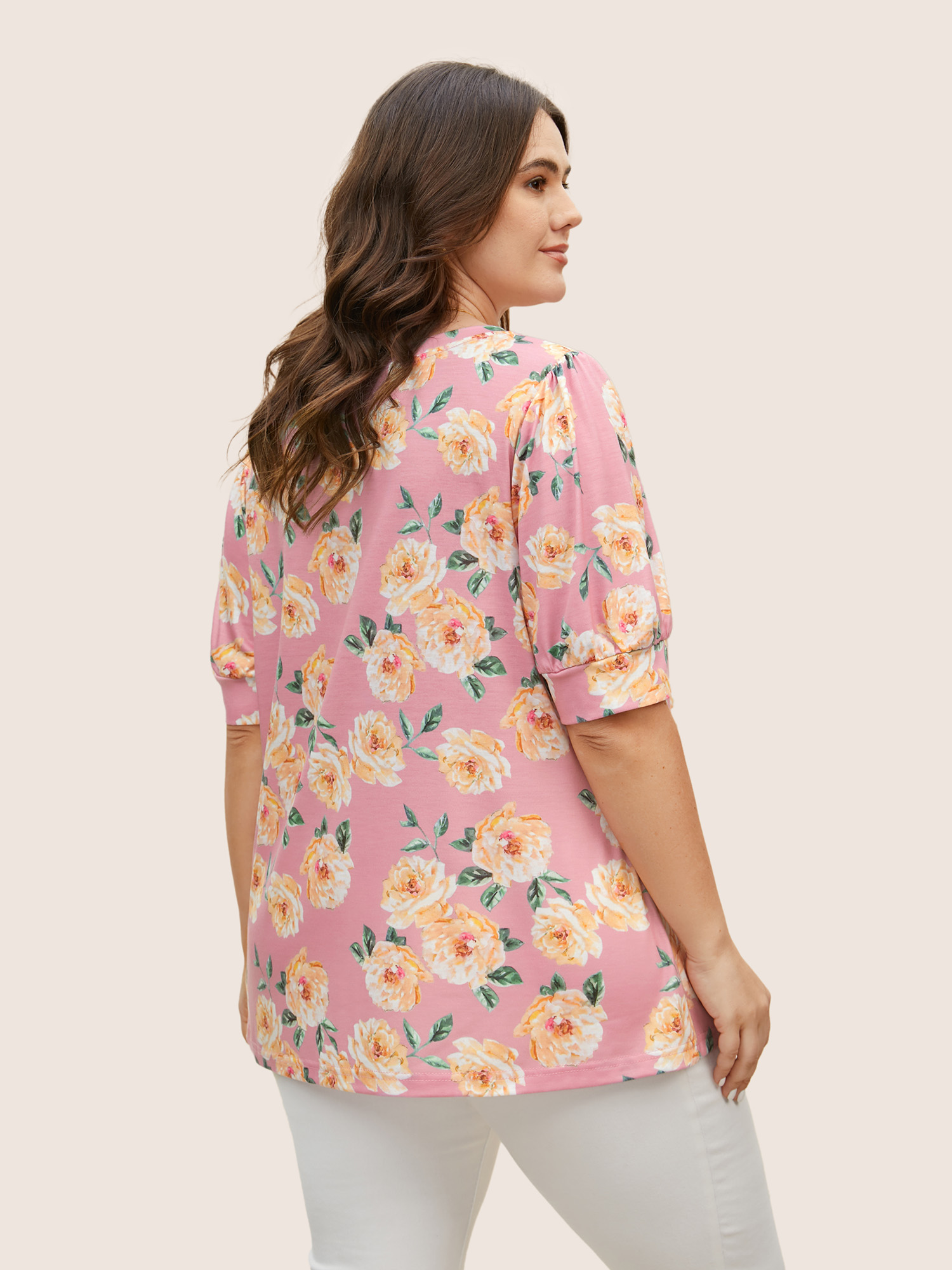 Plus Size Natural Flowers Lace Panel Lantern Sleeve T-shirt Dirtypink Women Elegant Contrast Natural Flowers Round Neck Everyday T-shirts BloomChic 28/5X 