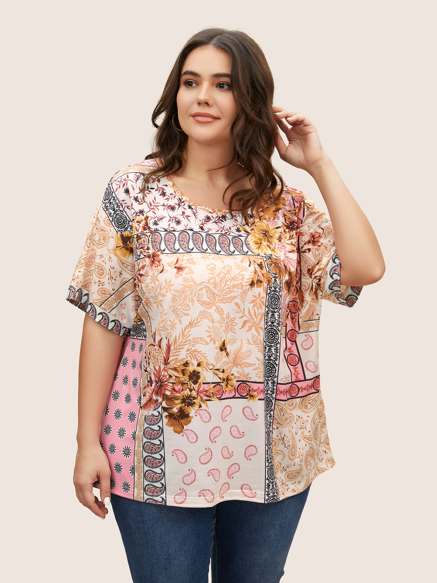 

Plus Size Round Neck Boho Print Patchwork T-shirt Multicolor Women Casual Contrast Art&design Round Neck Everyday T-shirts BloomChic