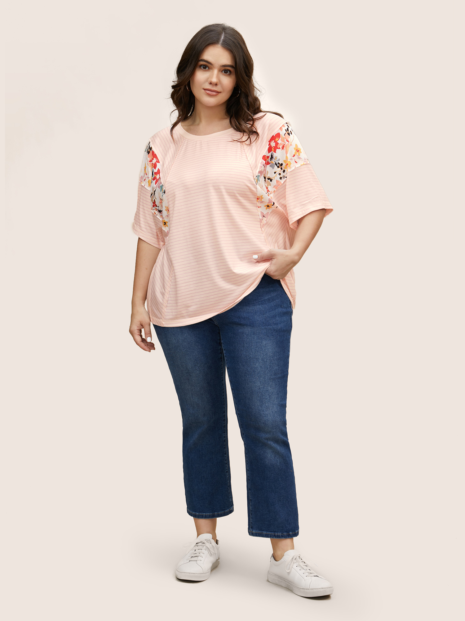 

Plus Size Crew Neck Striped Patchwork Floral Print T-shirt MistyRose Women Casual Contrast Natural Flowers Round Neck Everyday T-shirts BloomChic