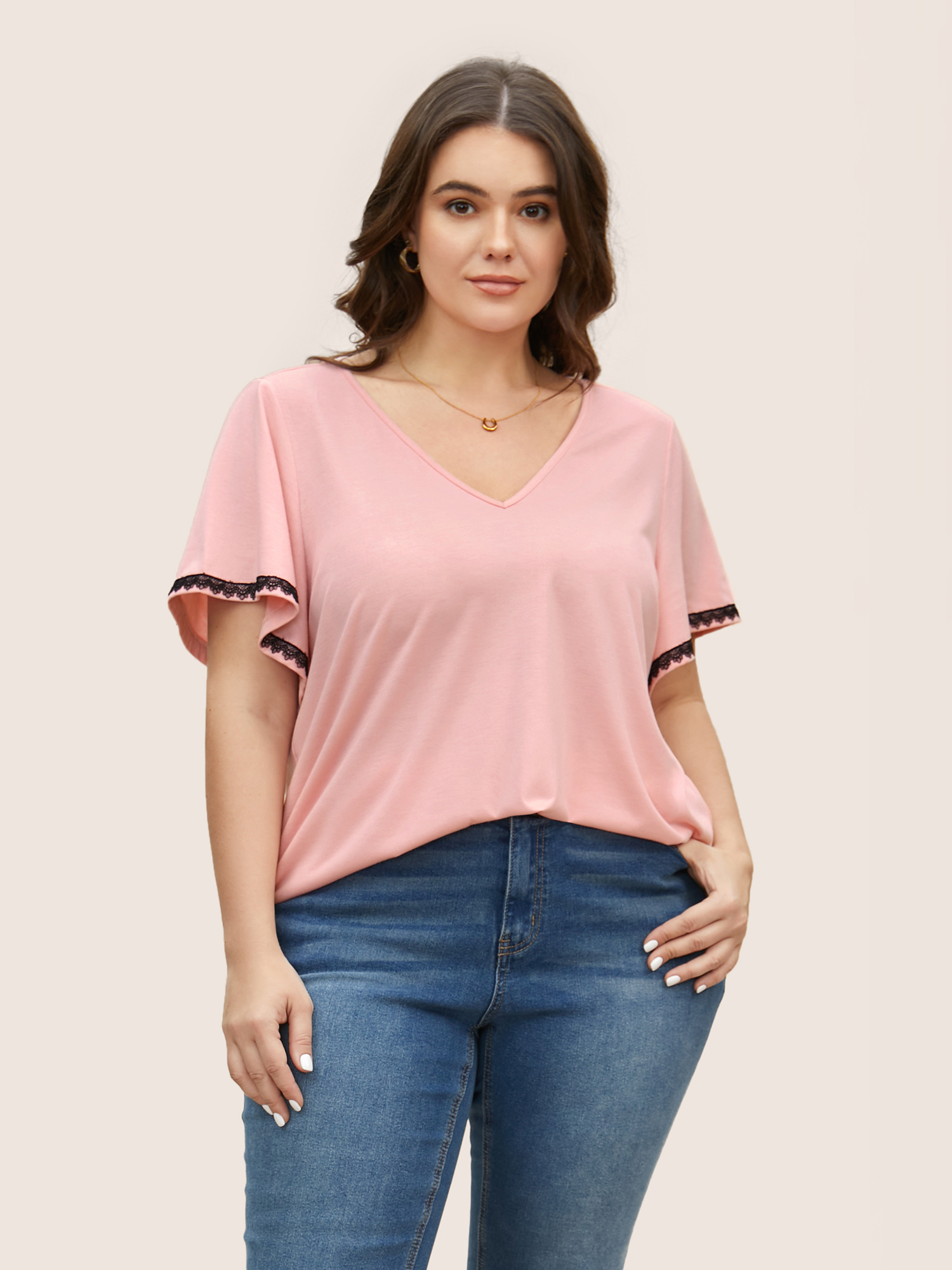 

Plus Size V Neck Contrast Lace Flutter Sleeve T-shirt Nudepink Women Casual Contrast V-neck Everyday T-shirts BloomChic