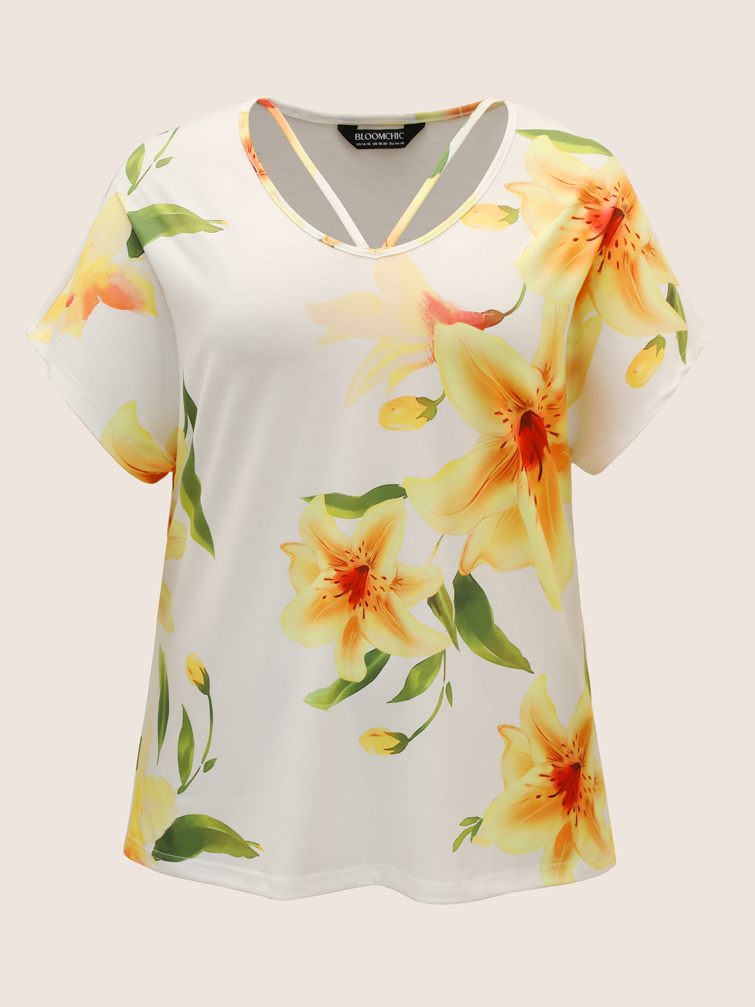 

Plus Size Natural Flowers Crisscross Dolman Sleeve T-shirt Lemonyellow Women Elegant Contrast Natural Flowers V-neck Everyday T-shirts BloomChic