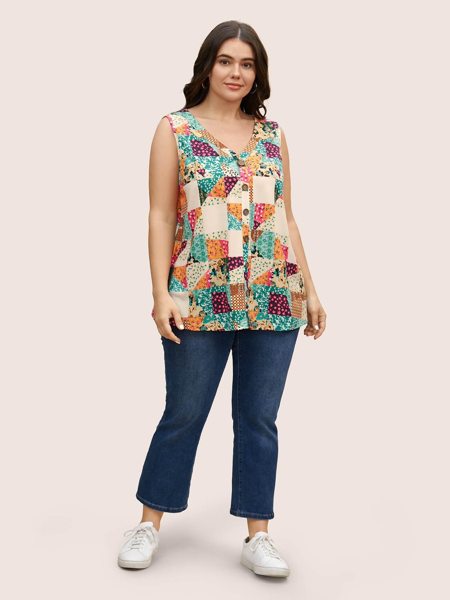 Plus Size Patchwork Floral Colorblock Contrast Tank Top Women Multicolor Casual Contrast V-neck Everyday Tank Tops Camis BloomChic 10/M 