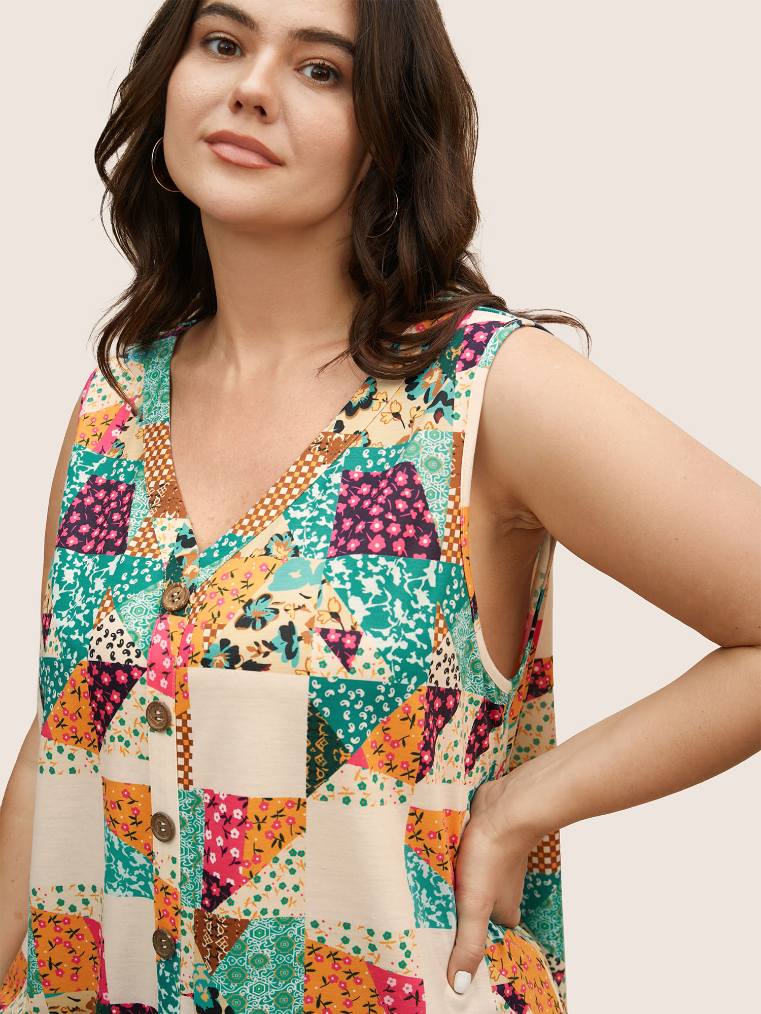 Plus Size Patchwork Floral Colorblock Contrast Tank Top Women Multicolor Casual Contrast V-neck Everyday Tank Tops Camis BloomChic 10/M 