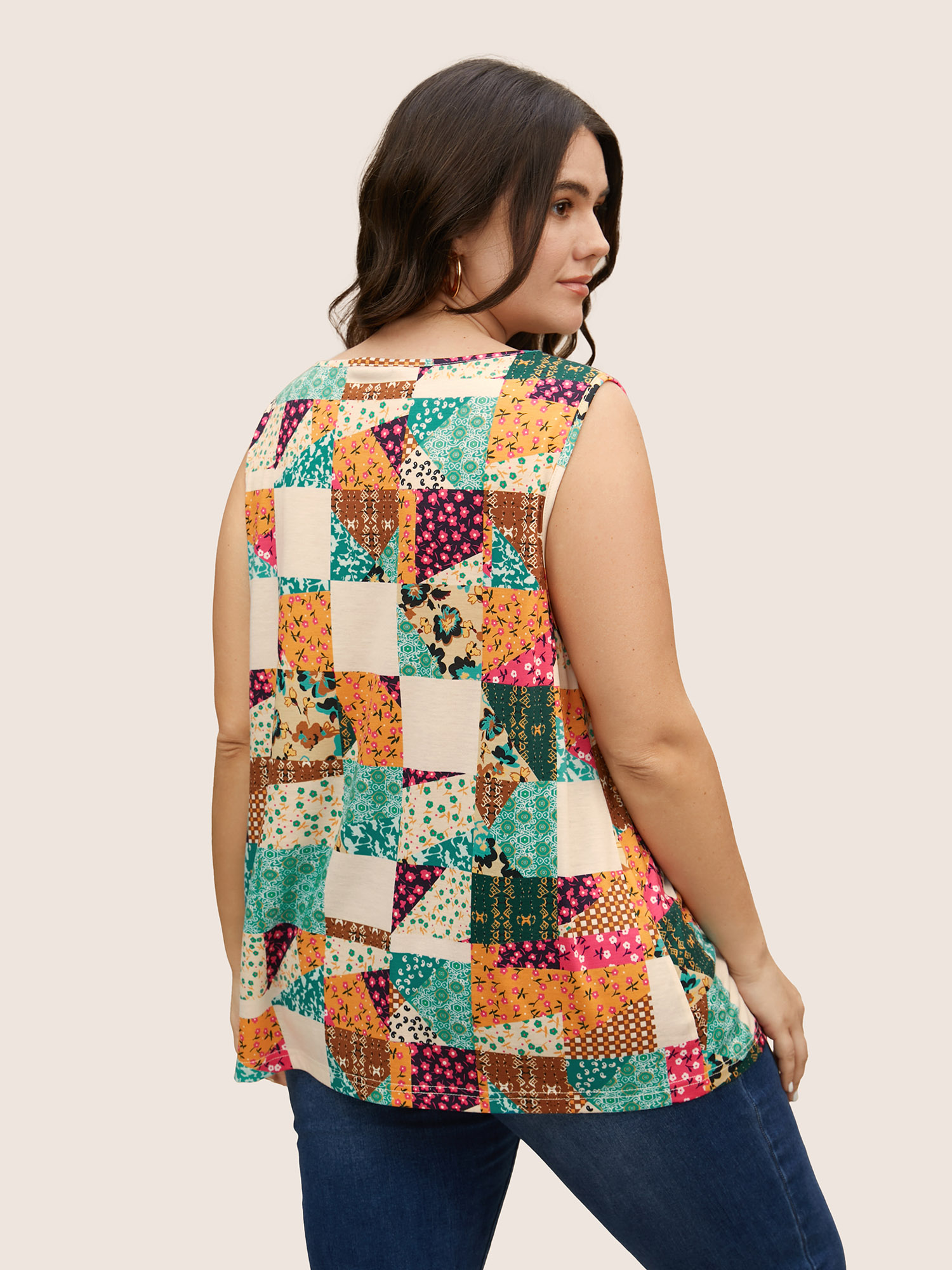 Plus Size Patchwork Floral Colorblock Contrast Tank Top Women Multicolor Casual Contrast V-neck Everyday Tank Tops Camis BloomChic 10/M 