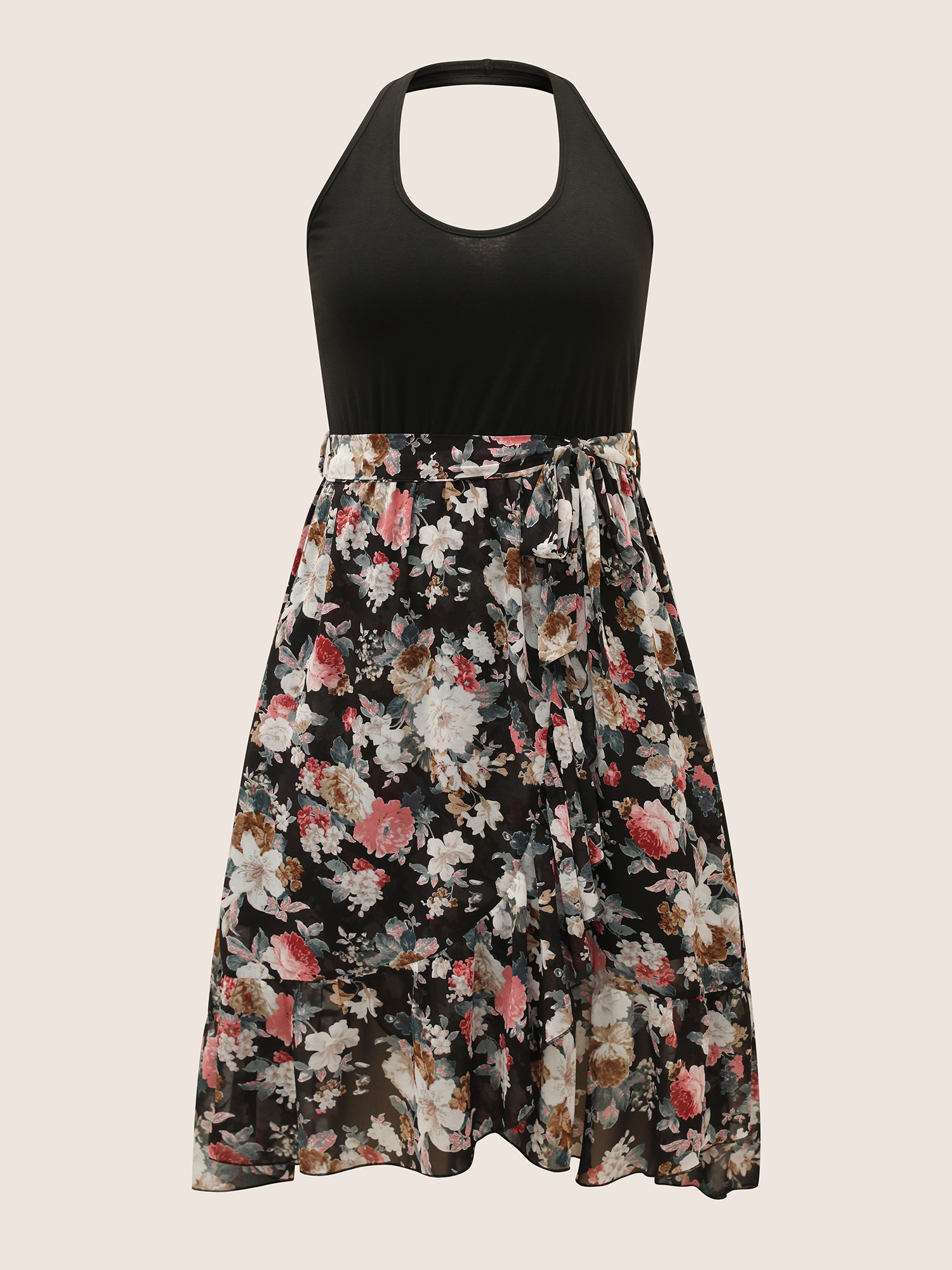 Plus Size Halter Neck Patchwork Floral Belted Dress Black Women Elegant Halter neck Sleeveless Curvy BloomChic 14-16/1X 