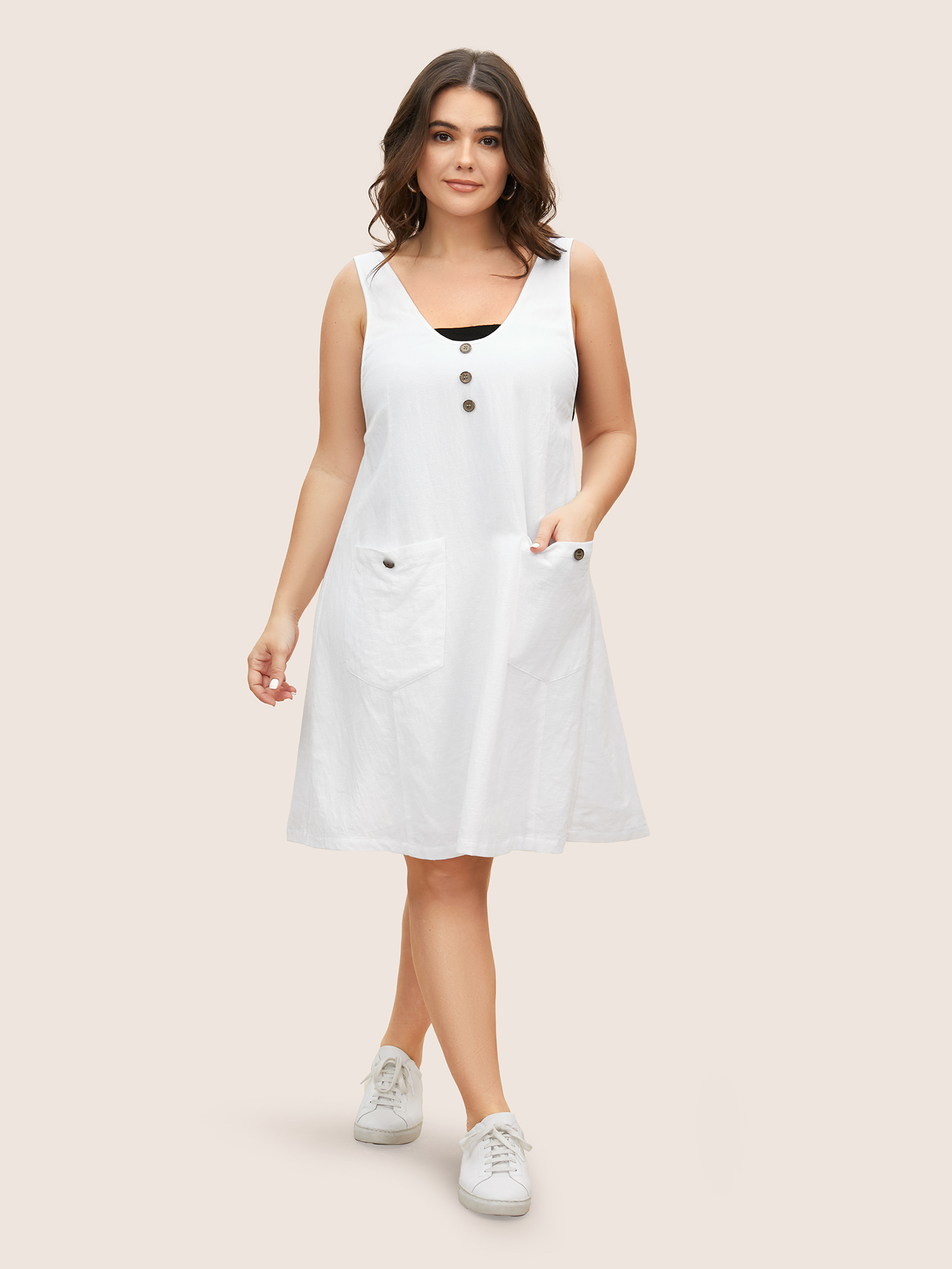 

Plus Size Solid Deep V Neck Patch Pocket Dress Originalwhite Women Casual Deep V-neck Sleeveless Curvy BloomChic