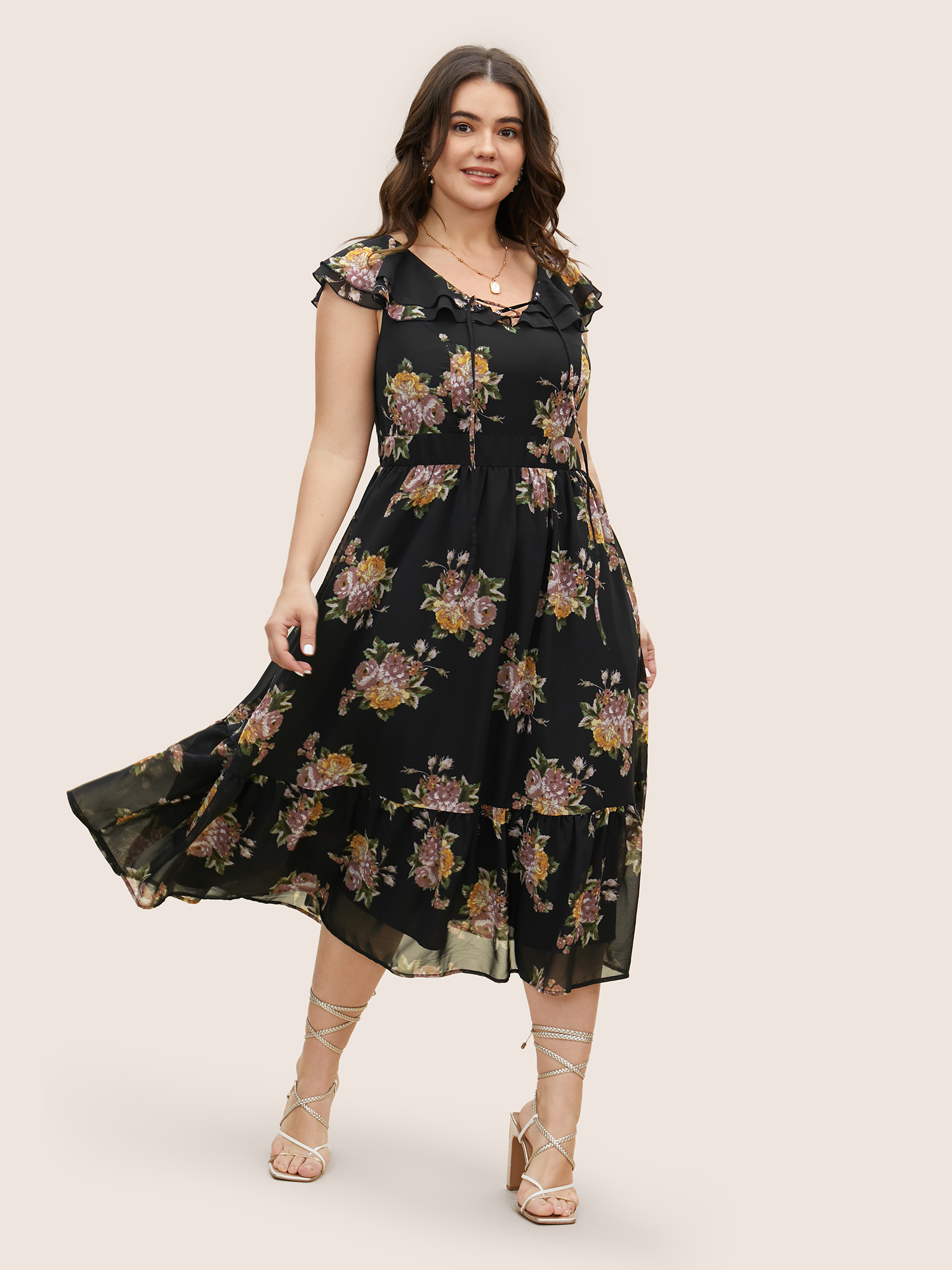 

Plus Size Floral Tiered Ruffles Cap sleeve Dress Black Women Elegant Heart neckline Cap Sleeve Curvy BloomChic