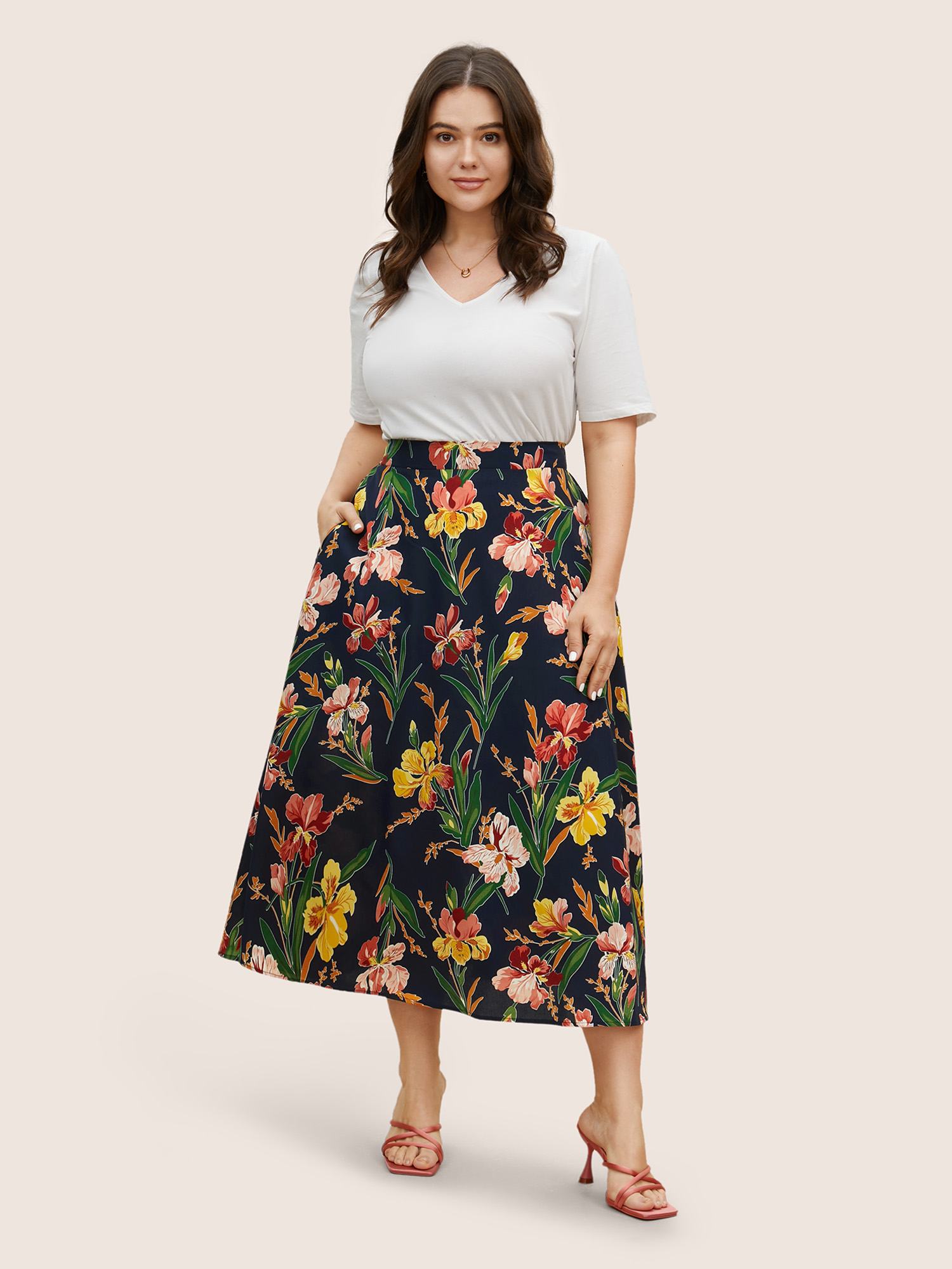 

Plus Size Floral Print Side Seam Pocket Skirt Women Indigo Elegant No stretch Side seam pocket Everyday Skirts BloomChic