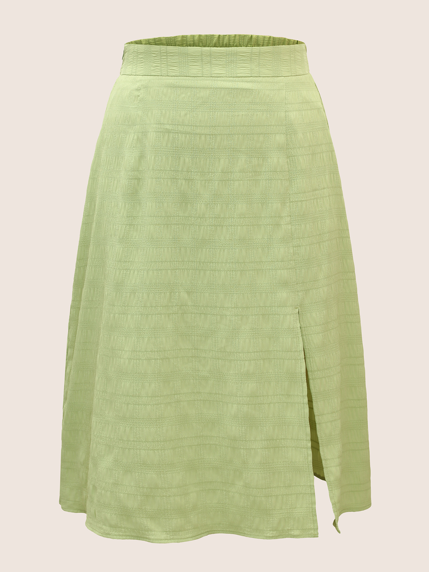 Plus Size Plain Textured Elastic Waist Split Front Skirt Women LightGreen Elegant Texture No stretch Everyday Skirts BloomChic 12/L 