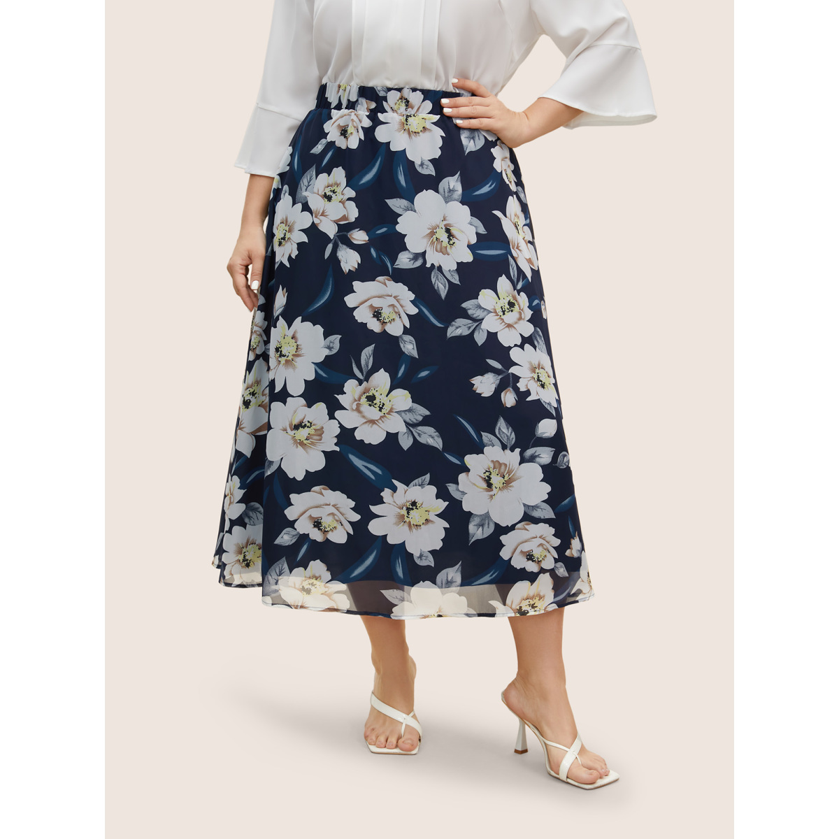 

Plus Size Chiffon Mesh Floral Elastic Waist Skirt Women Navy Elegant See through No stretch Side seam pocket Everyday Skirts BloomChic