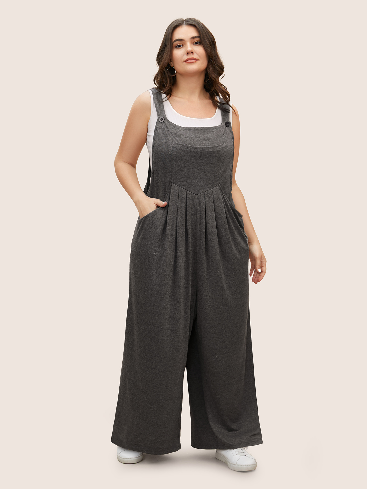 

Plus Size DimGray Supersoft Essentials Solid Pleated Pocket Jumpsuit Women Casual Sleeveless Non Everyday Loose Jumpsuits BloomChic