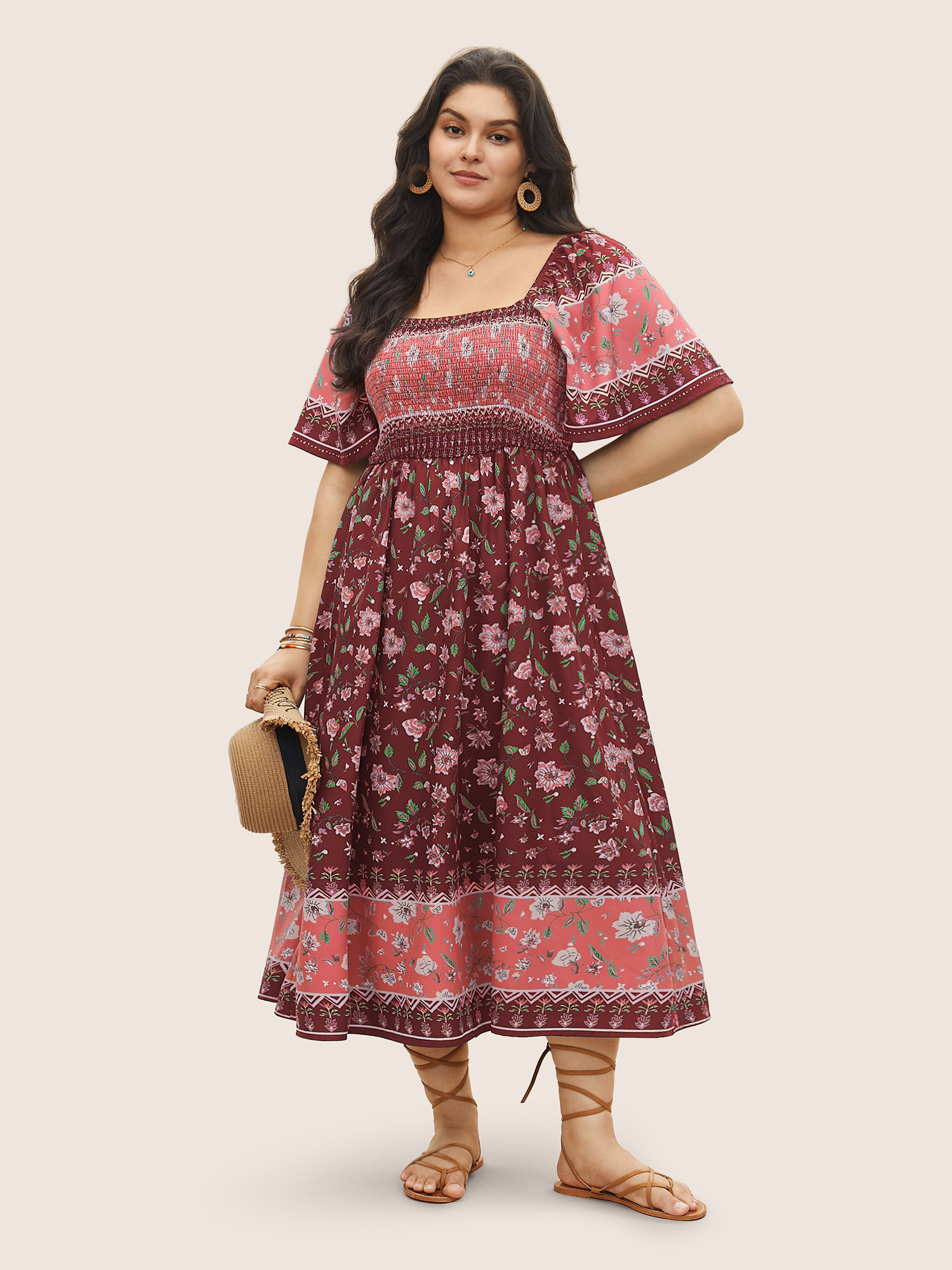 

Plus Size Ditsy Floral Shirred Patchwork Ruffle Sleeve Dress Russet Women Resort Shirred Square Neck Short sleeve Curvy Midi Dress BloomChic