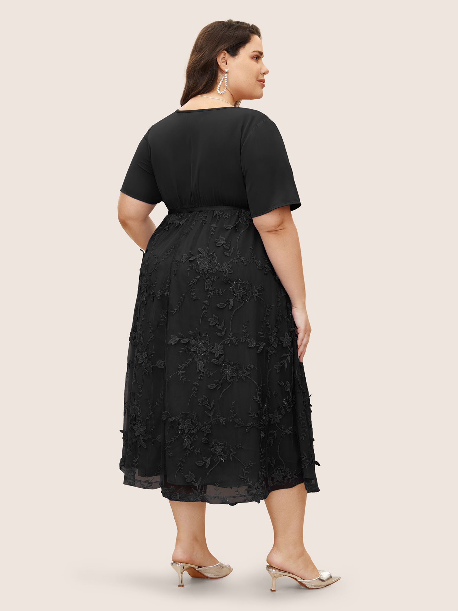 

Plus Size Stereo Floral Embroidered Patchwork Mesh Dress Black Women Formal Pleated V-neck Short sleeve Curvy BloomChic