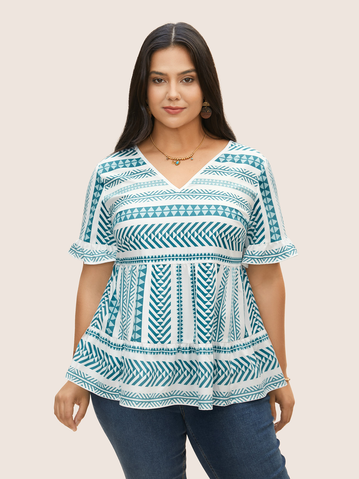 

Plus Size Mint V Neck Geometric Patchwork Ruffles Blouse Women Resort Half Sleeve V-neck Vacation Blouses BloomChic