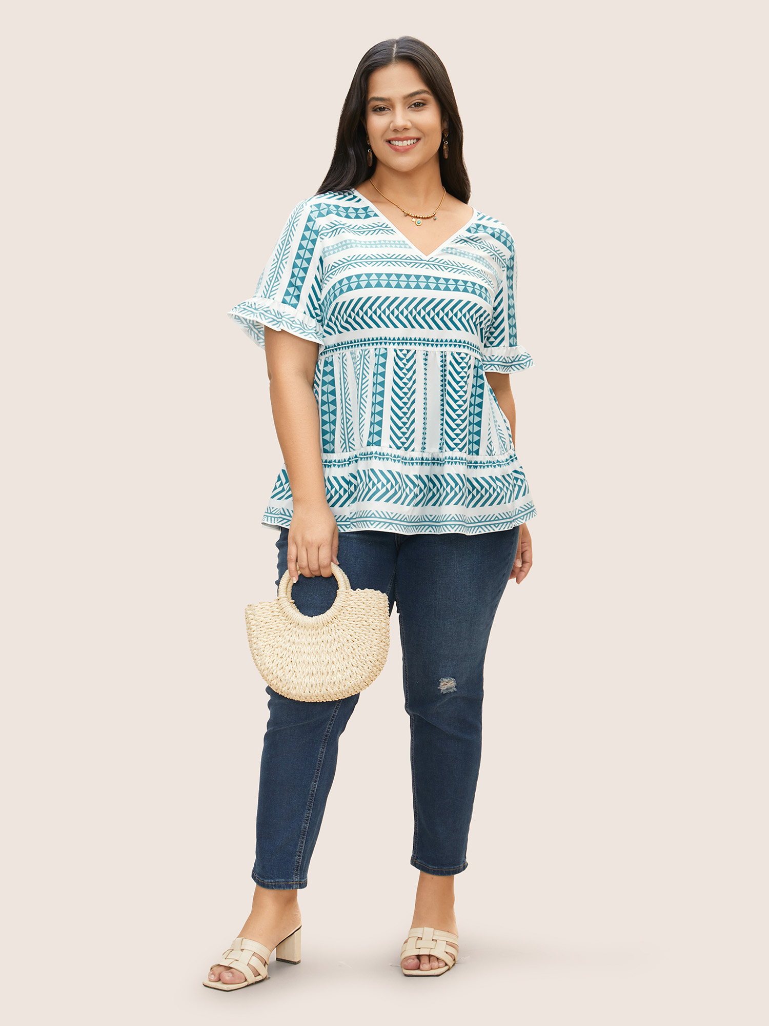 

Plus Size Mint V Neck Geometric Patchwork Ruffles Blouse Women Resort Half Sleeve V-neck Vacation Blouses BloomChic