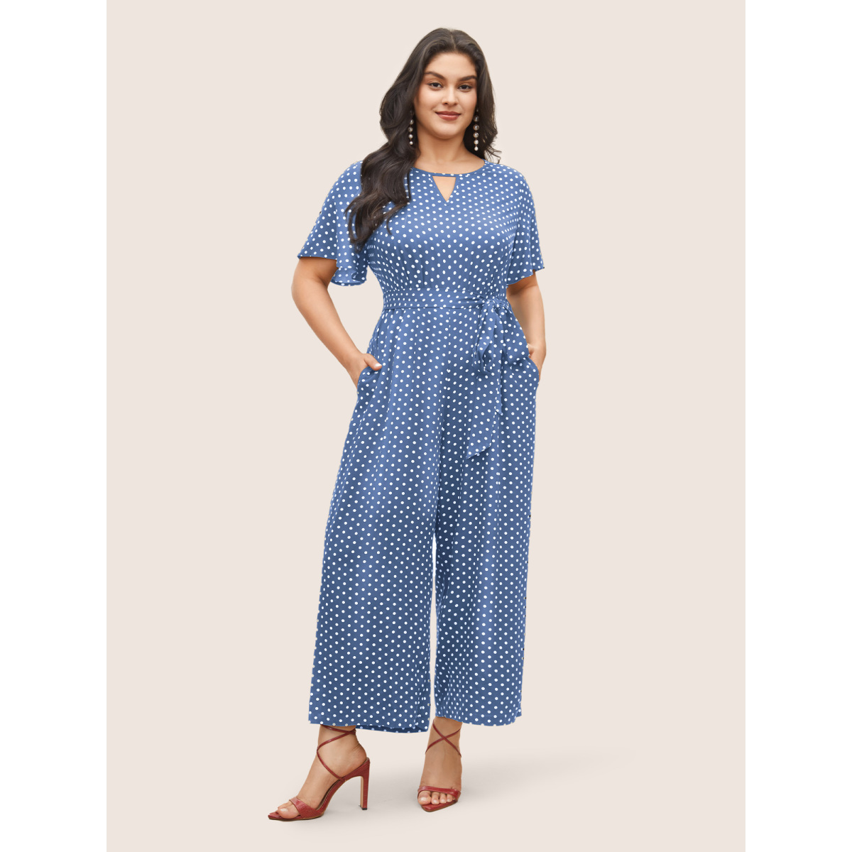 

Plus Size Skyblue Polka Dot Cut Out Zipper Belted Jumpsuit Women Elegant Short sleeve Notched collar Everyday Loose Jumpsuits BloomChic