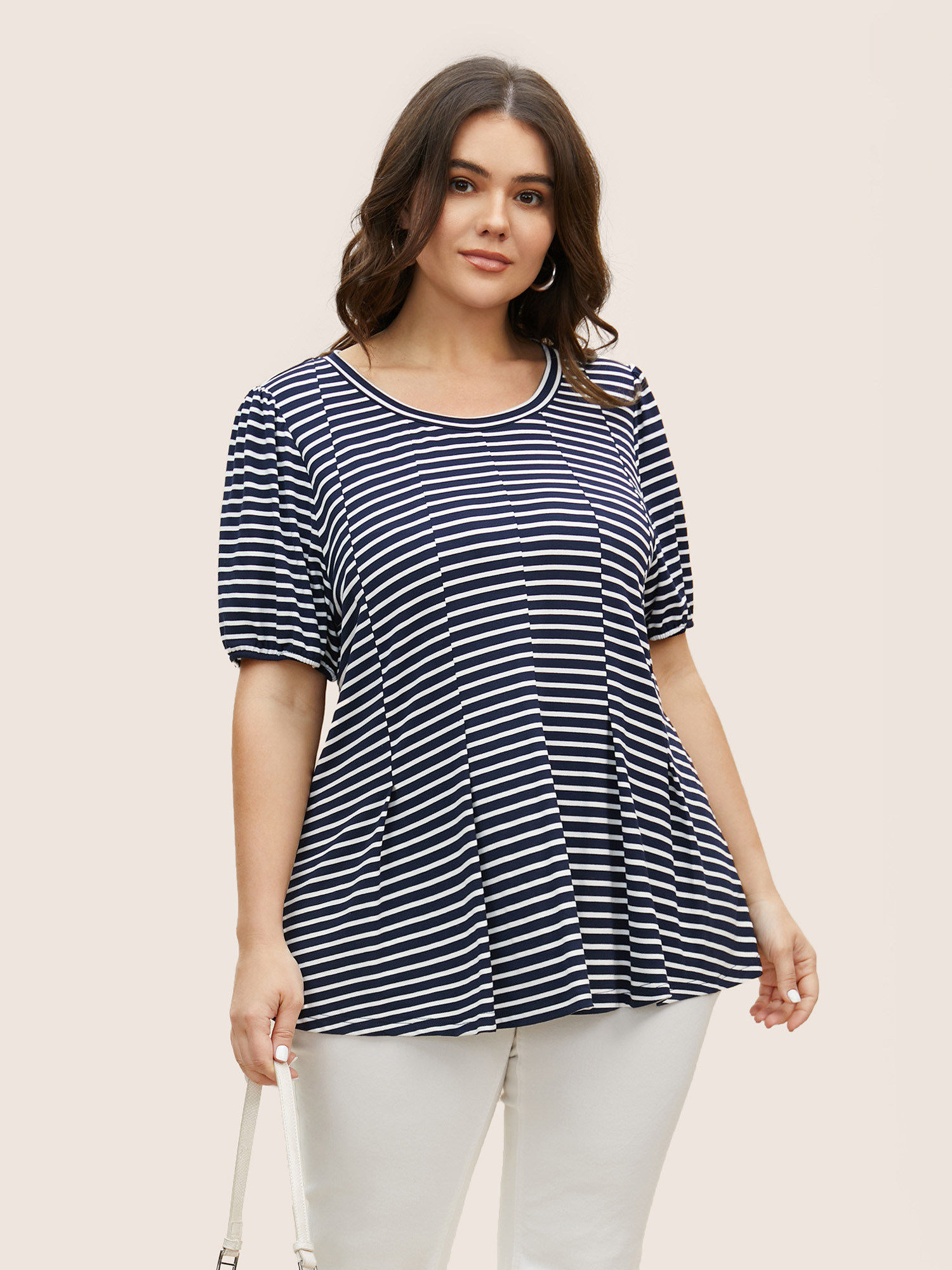 

Plus Size Round Neck Striped Lantern Sleeve T-shirt Indigo Round Neck Short sleeve At the Office Jersey Tops