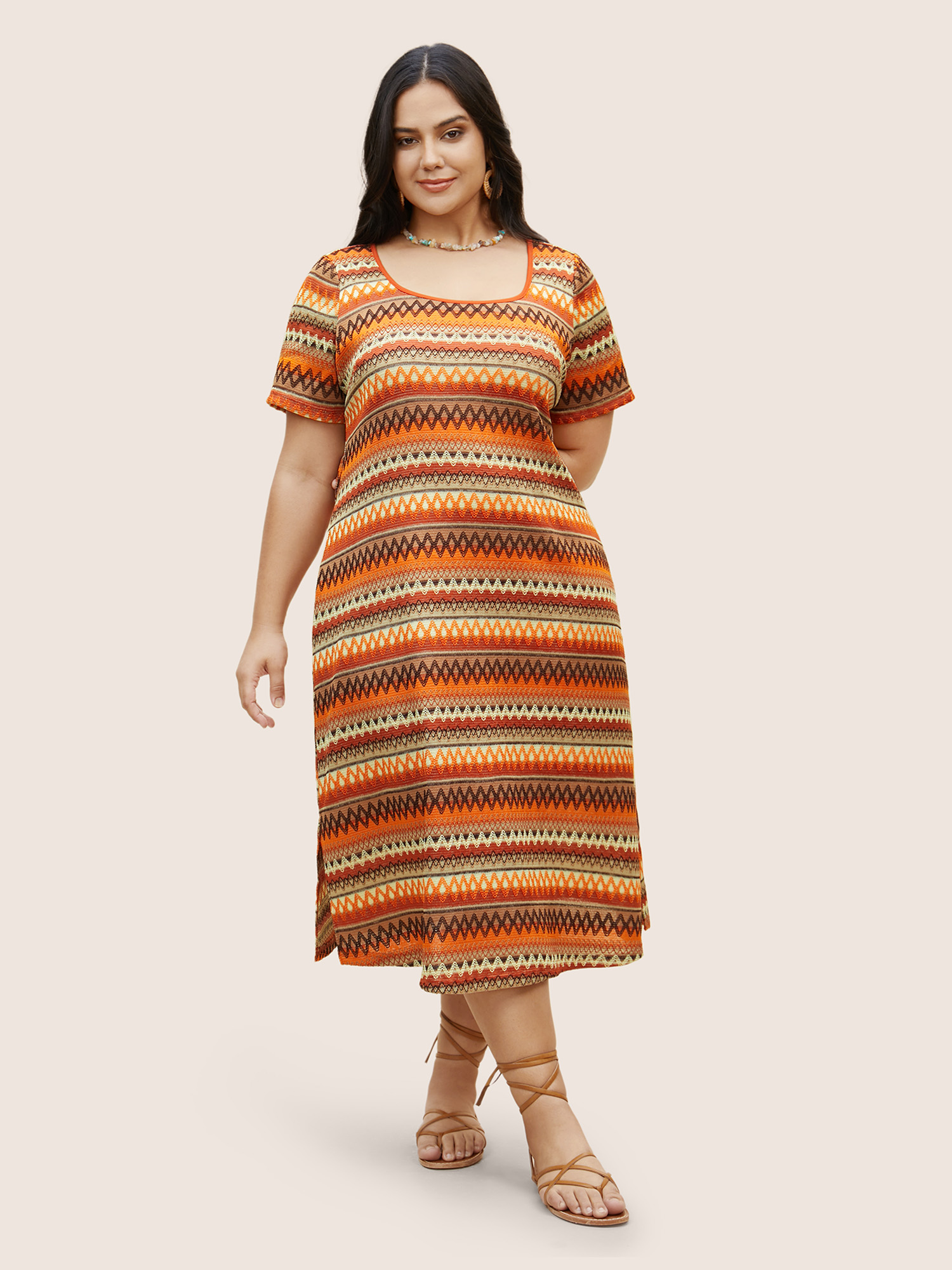 

Plus Size Square Neck Striped Topstitched Knit Dress Bronze Women Resort Topstitching Square Neck Short sleeve Curvy BloomChic