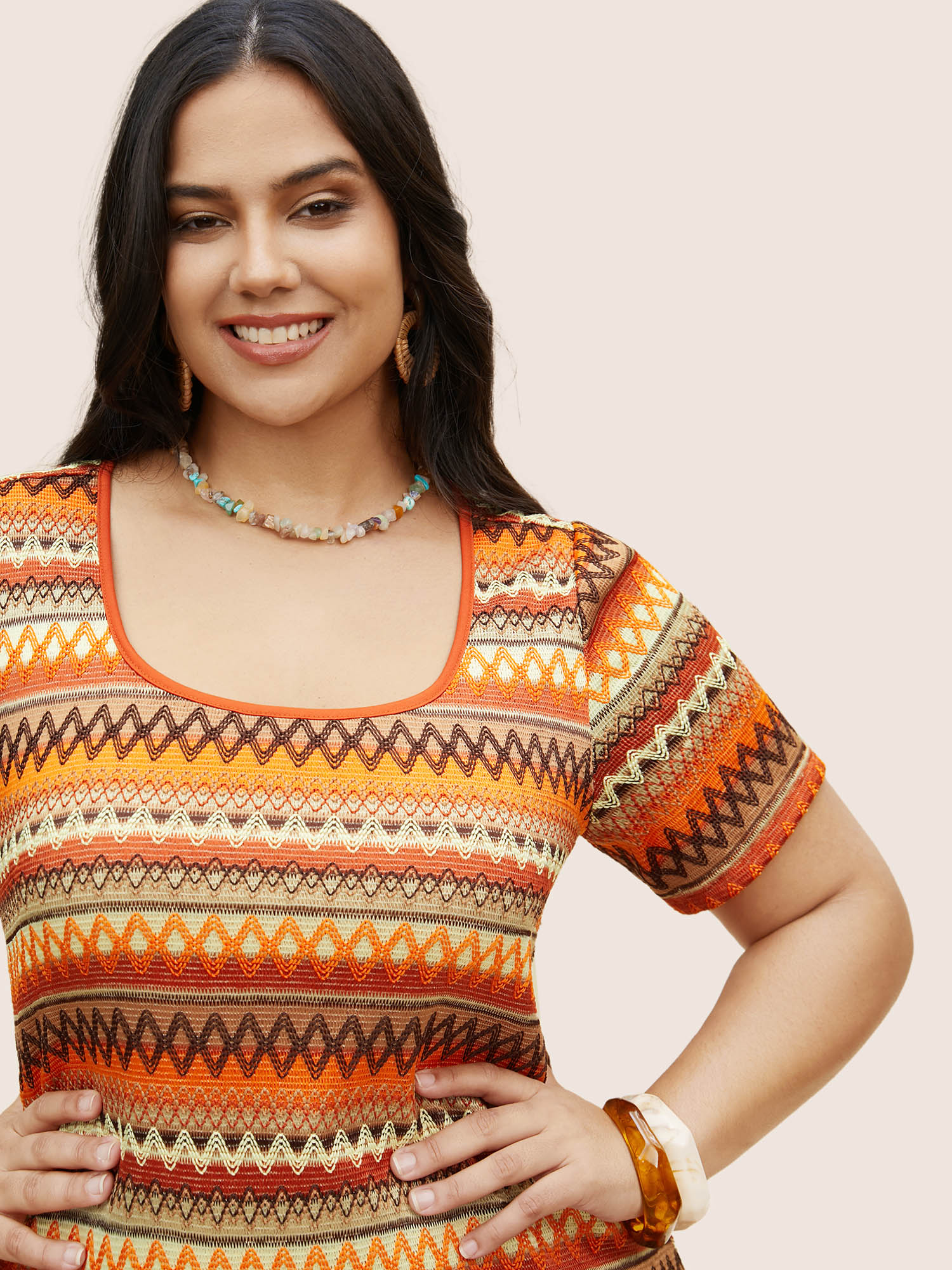 Plus Size Square Neck Striped Topstitched Knit Dress Bronze Women Resort Topstitching Square Neck Short sleeve Curvy BloomChic 22-24/3X 