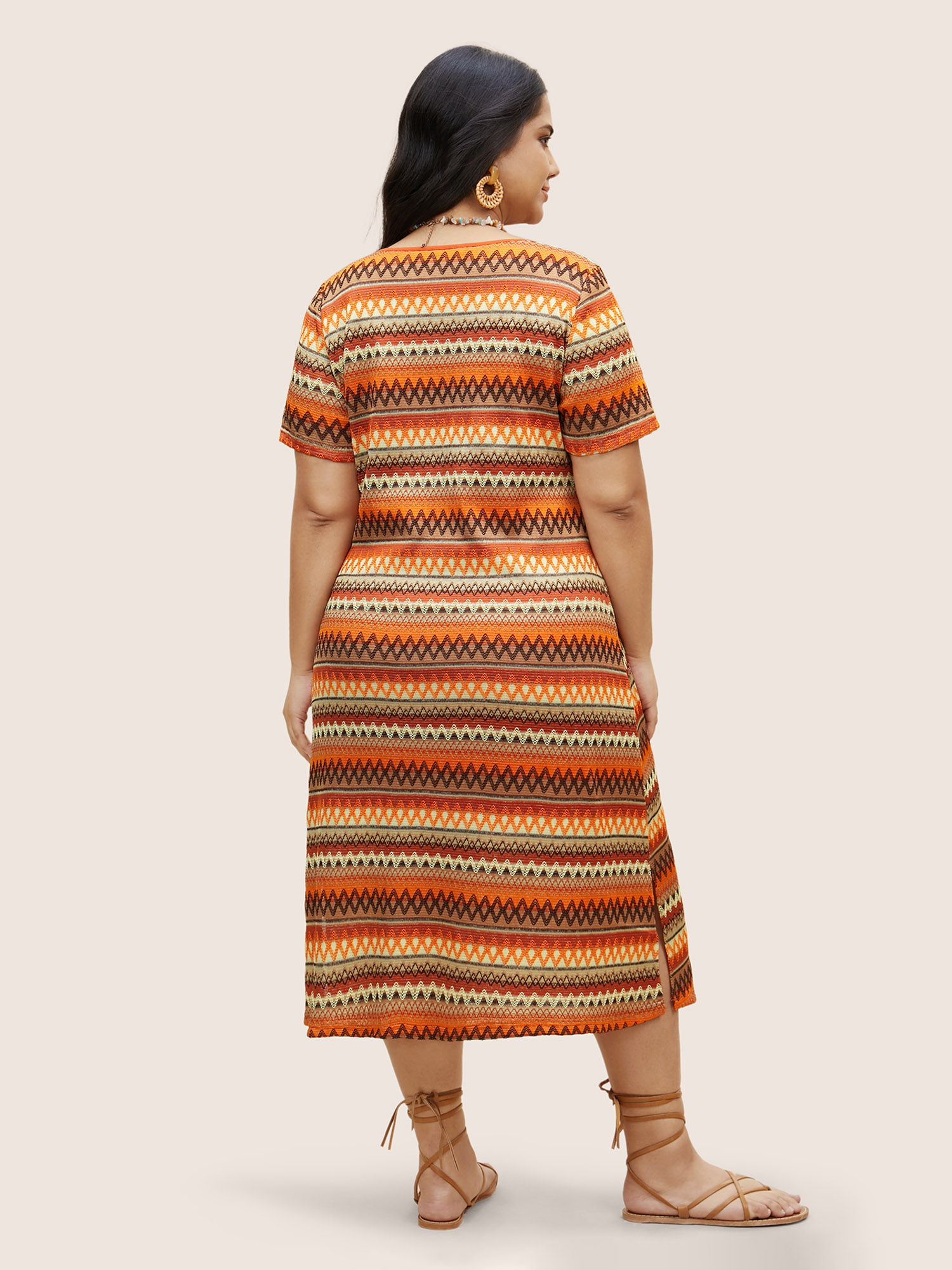 Plus Size Square Neck Striped Topstitched Knit Dress Bronze Women Resort Topstitching Square Neck Short sleeve Curvy BloomChic 22-24/3X 