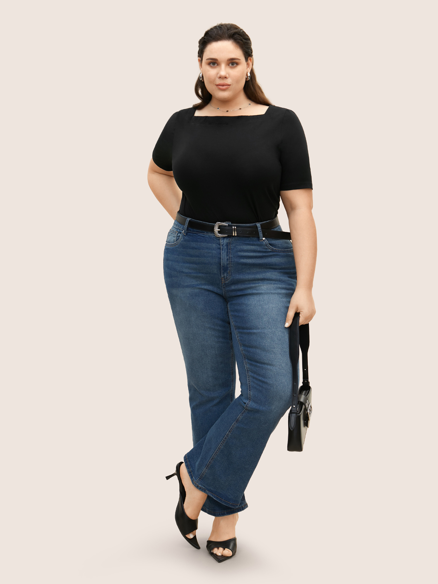 

Plus Size Basic Solid Square Neck Knit T-shirt Black Women At the Office Non Square Neck Work T-shirts BloomChic