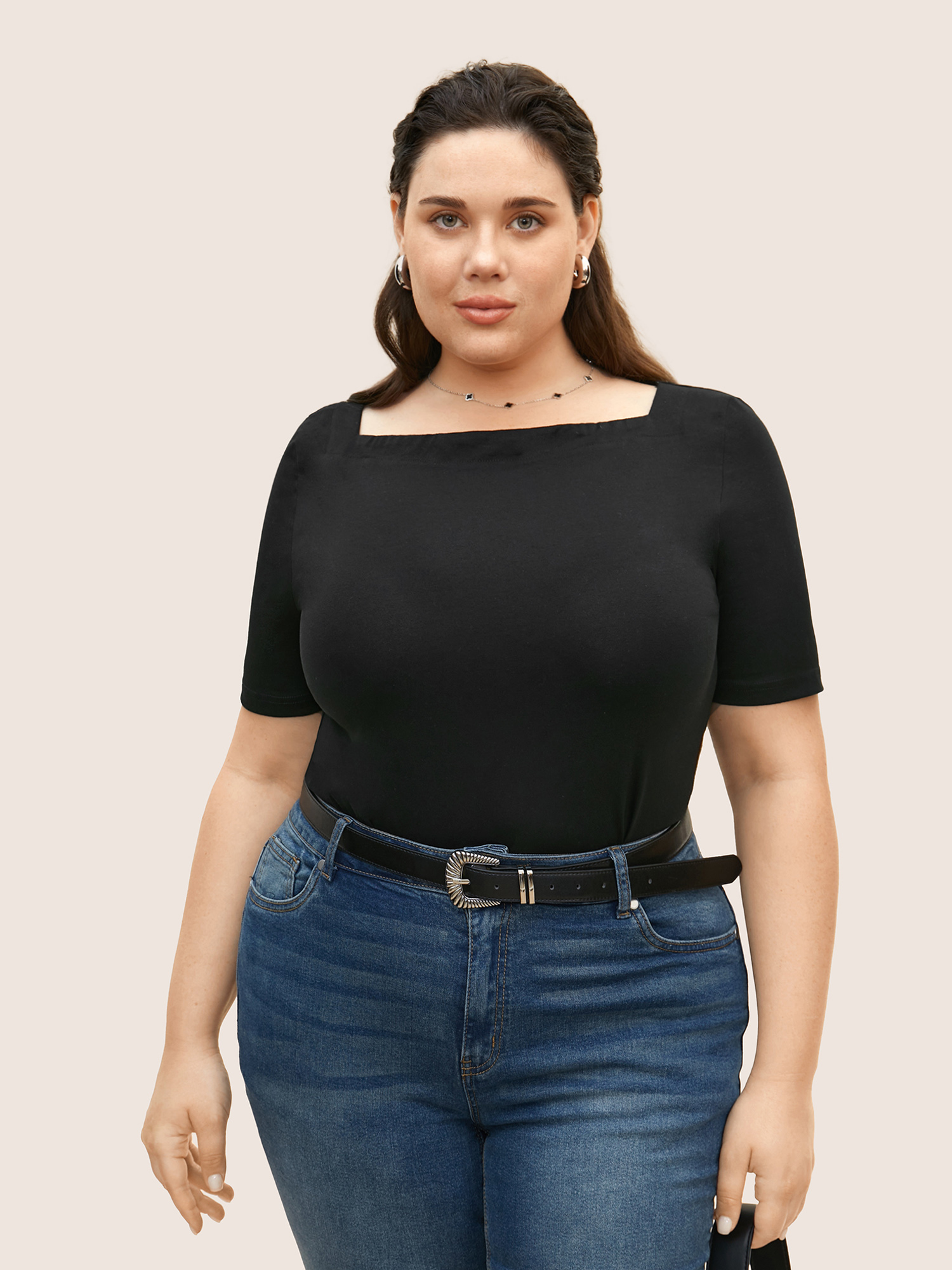 

Plus Size Basic Solid Square Neck Knit T-shirt Black Women At the Office Non Square Neck Work T-shirts BloomChic