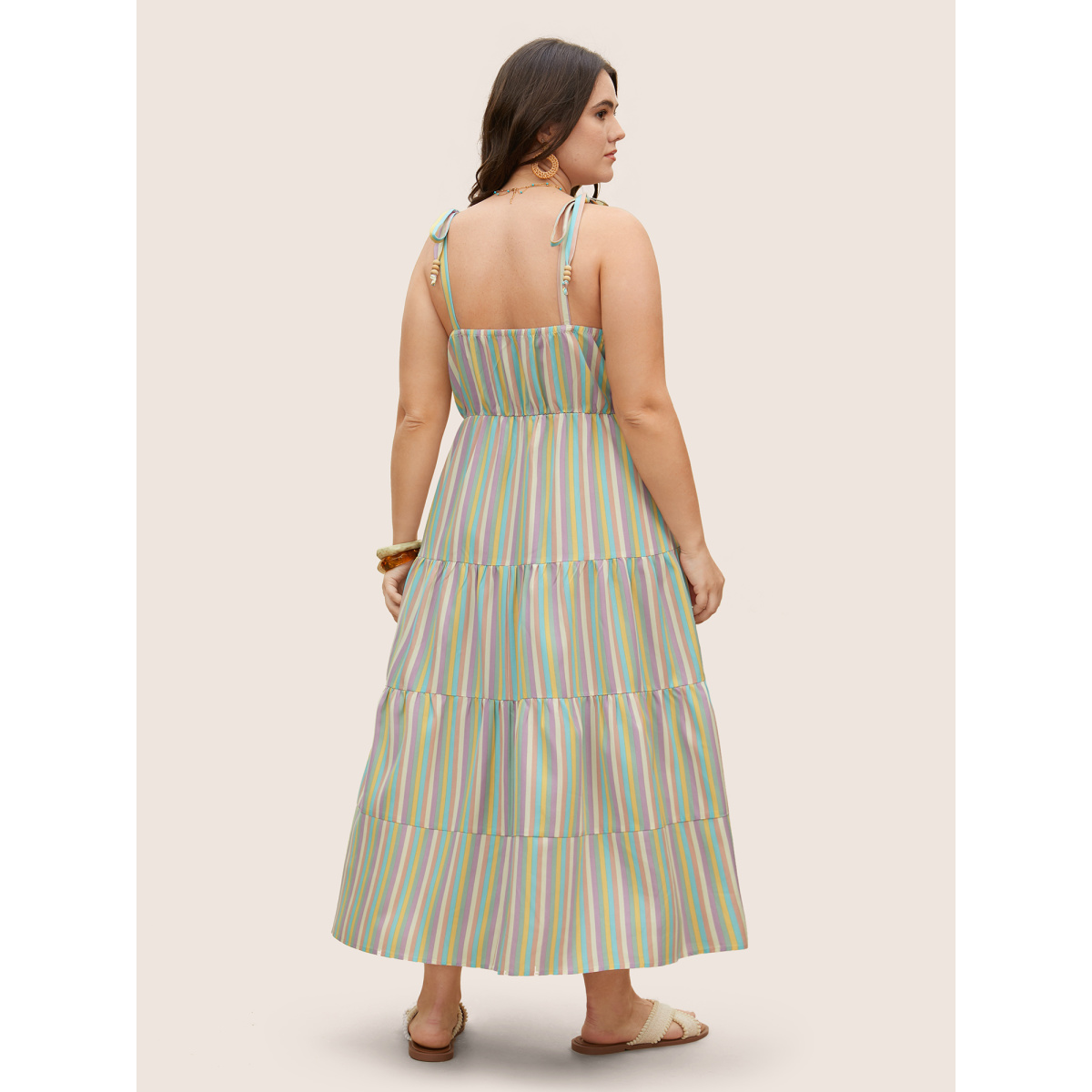 

Plus Size Stripes Tie Knot Tiered Hem Dress Multicolor Women Knotted Non Sleeveless Curvy BloomChic