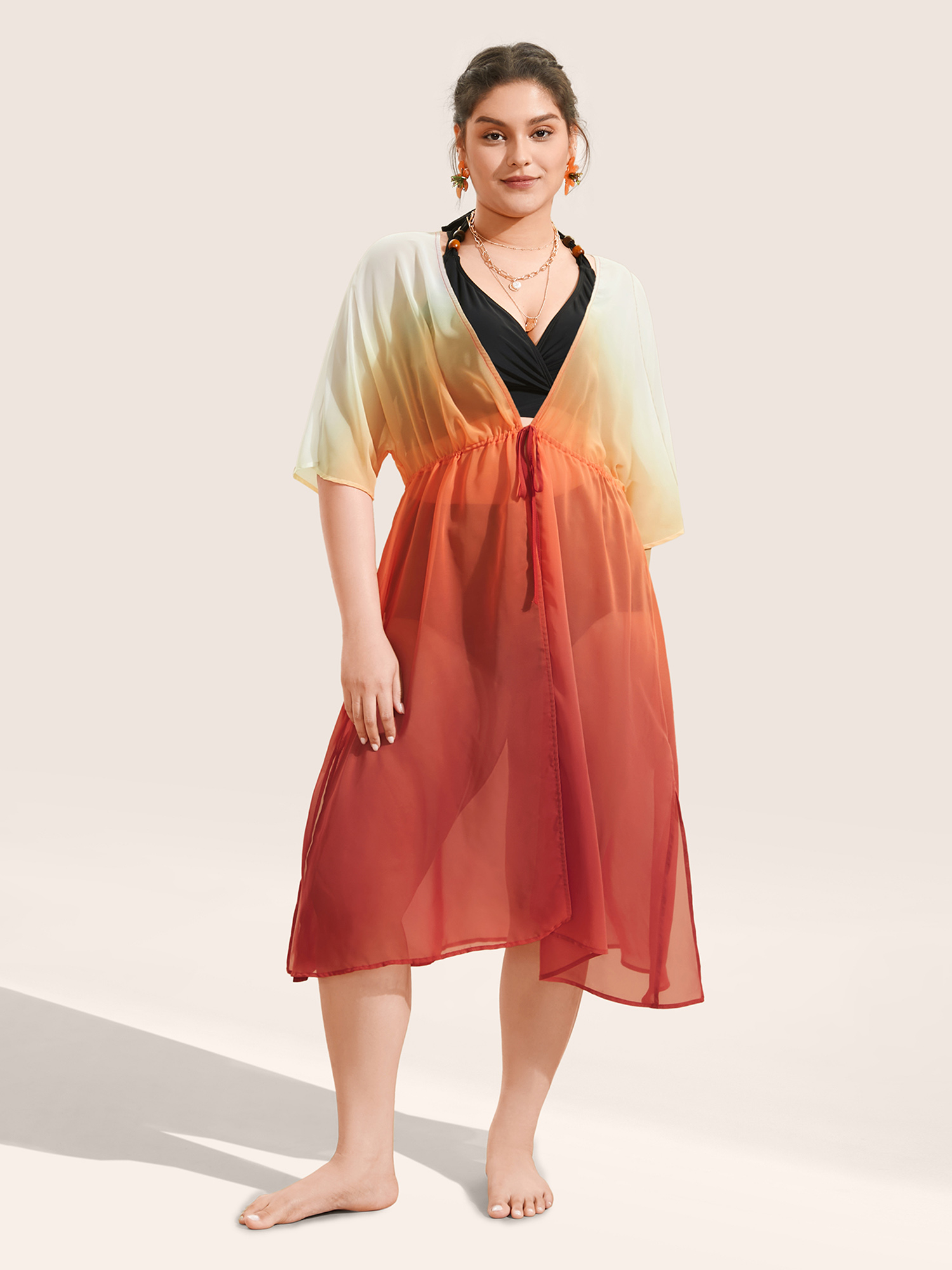 

Plus Size Ombre Contrast Drawstring Knot Kimono Women OrangeRed Resort Contrast Vacation Kimonos BloomChic