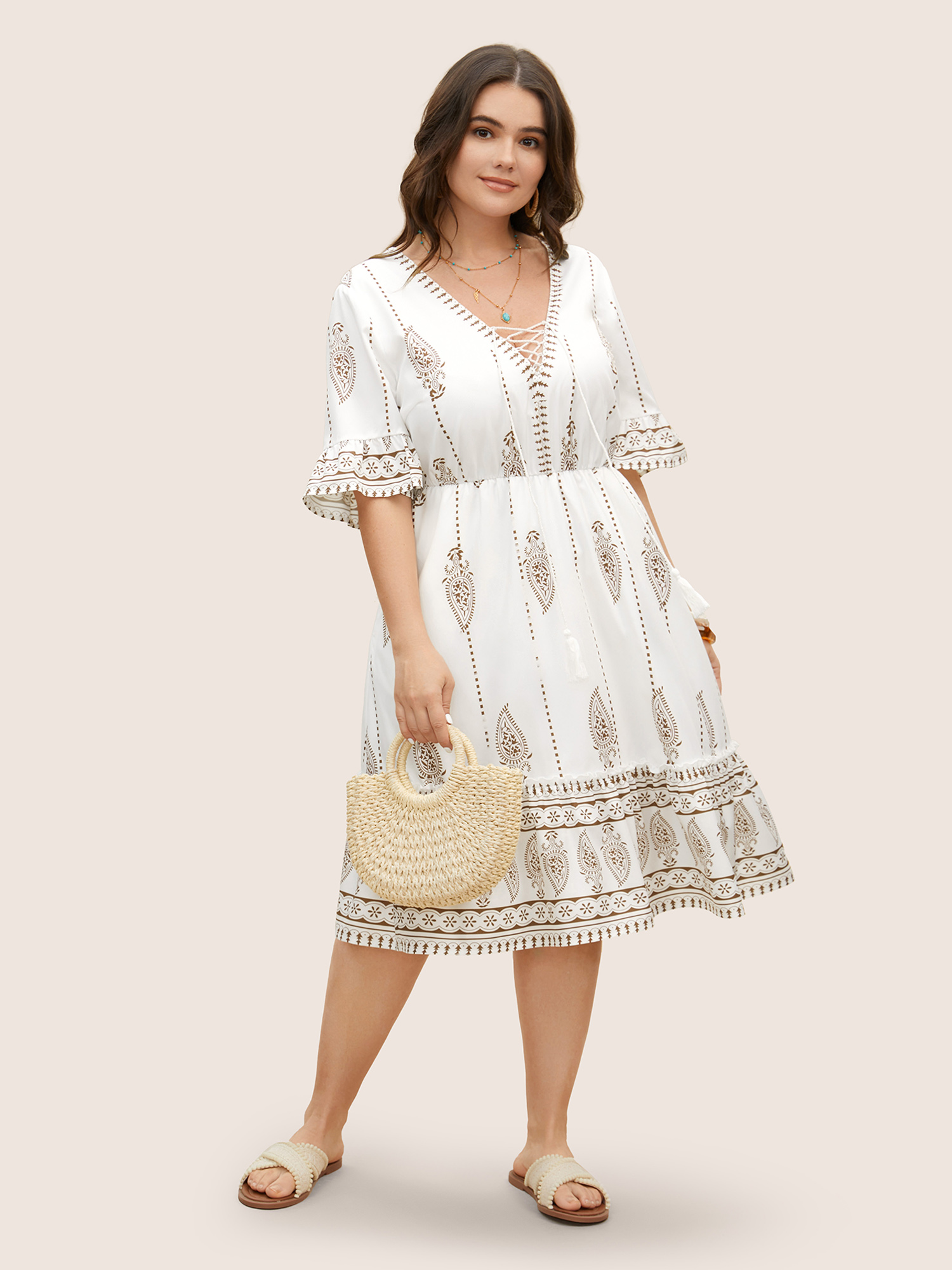 

Plus Size Boho Print Cross Straps Tassels Ruffles Dress Ivory Women Resort Tassels V-neck Half Sleeve Curvy BloomChic