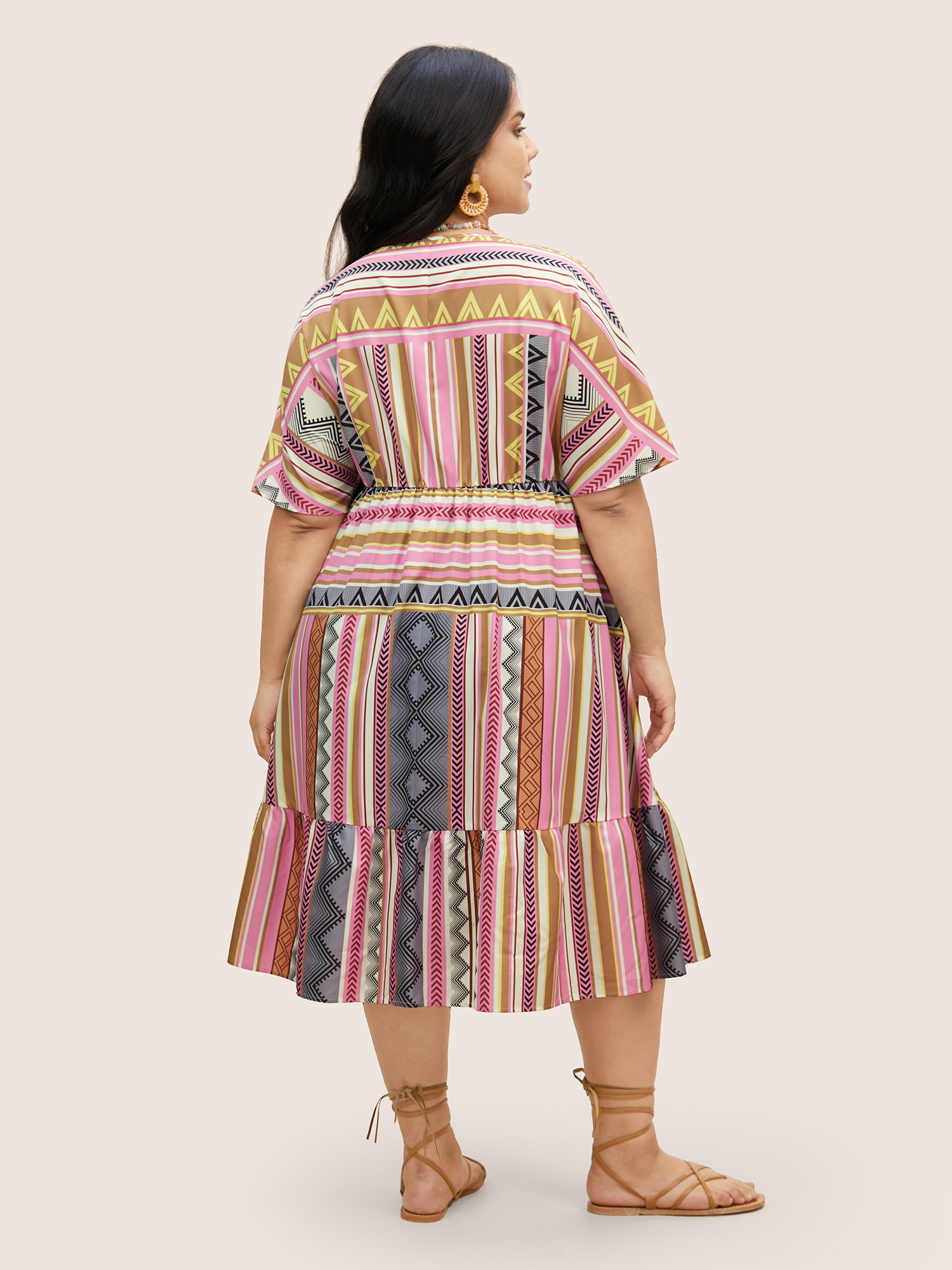 

Plus Size Striped Boho Print Gathered Batwing Sleeve Dress Multicolor Women Gathered V-neck Short sleeve Curvy BloomChic