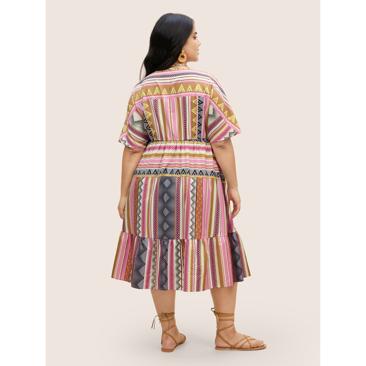 

Plus Size Striped Boho Print Gathered Batwing Sleeve Dress Multicolor Women Gathered V-neck Short sleeve Curvy BloomChic