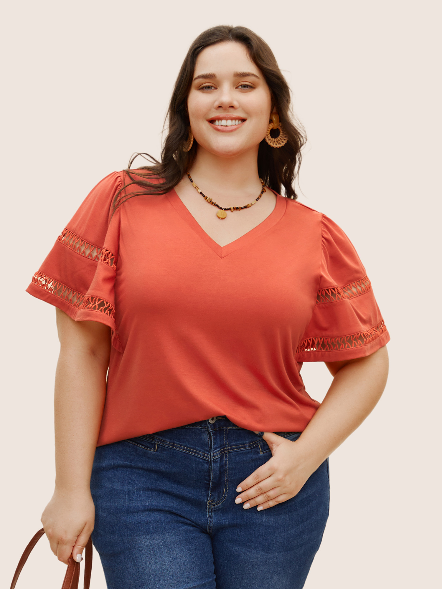 

Plus Size Solid Cut Out Patchwork Ruffle Sleeve T-shirt OrangeRed Women Resort Patchwork V-neck Vacation T-shirts BloomChic