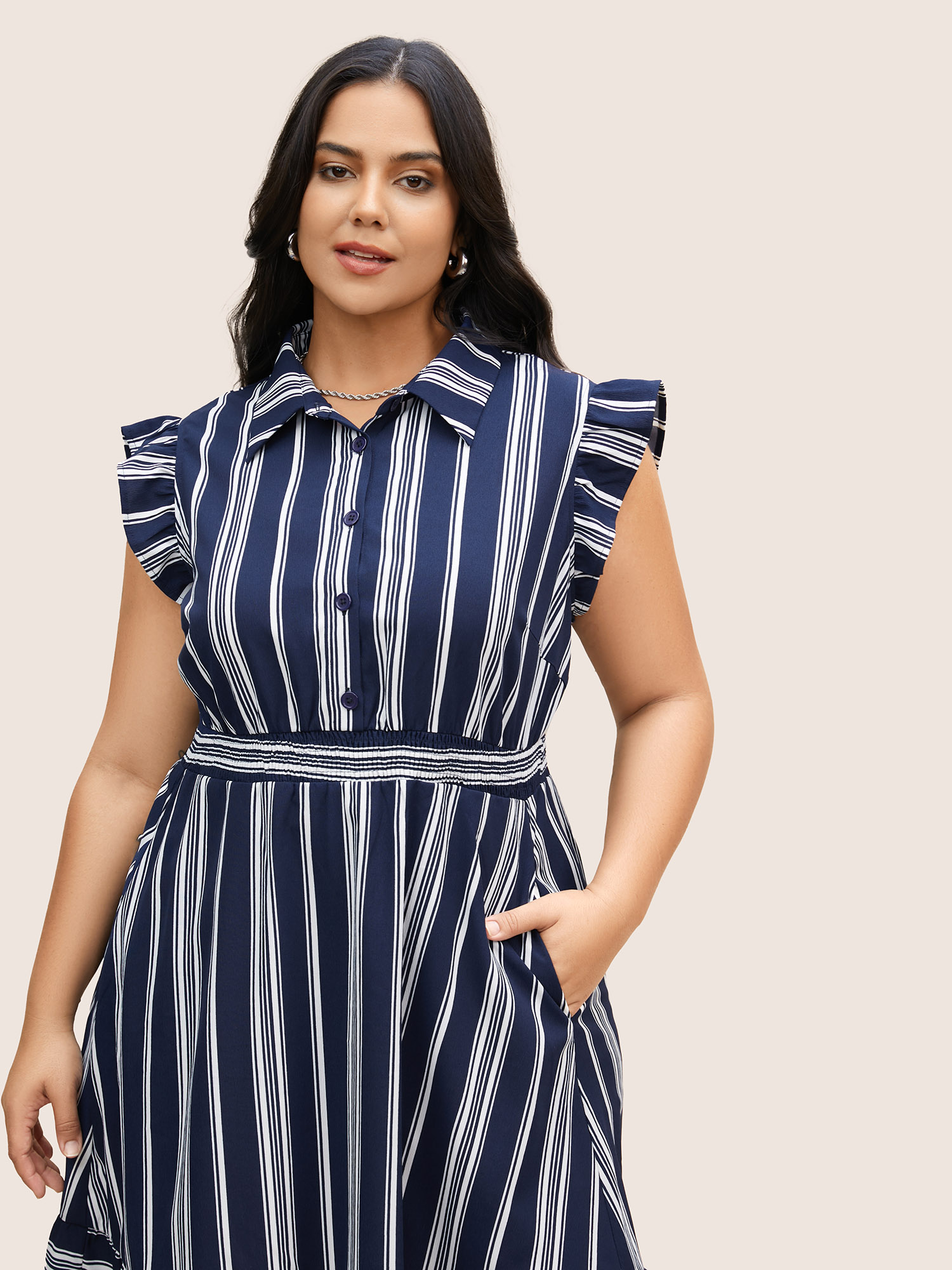 Plus Size Shirt Collar Striped Ruffle Cap Sleeve Dress Navy Women Shirt collar Cap Sleeve Curvy BloomChic 10/M 