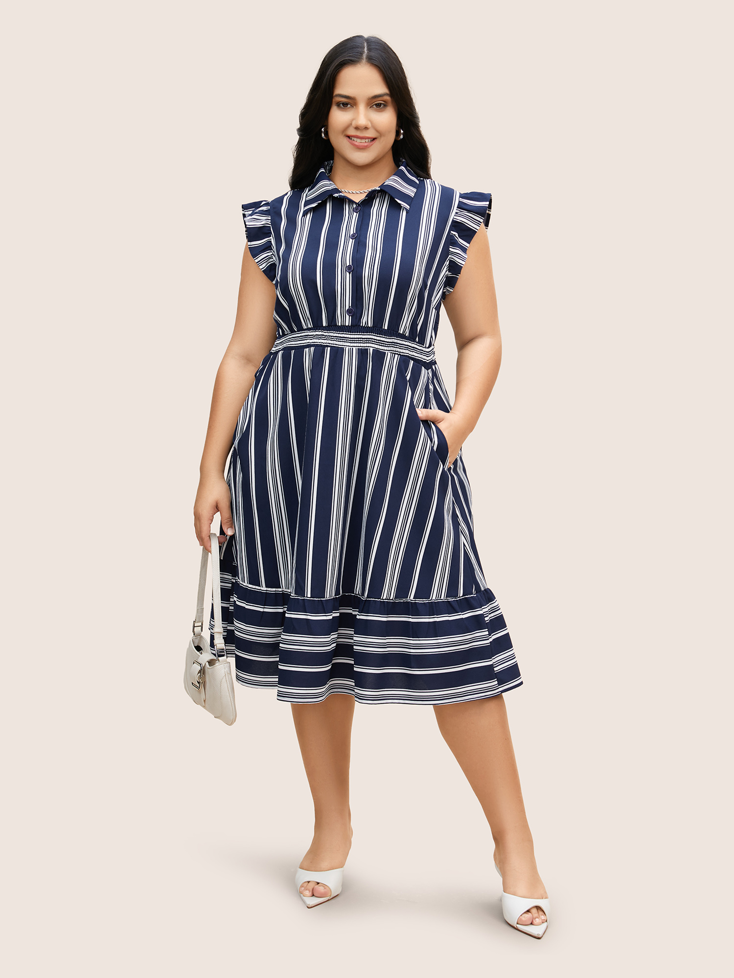 Plus Size Shirt Collar Striped Ruffle Cap Sleeve Dress Navy Women Shirt collar Cap Sleeve Curvy BloomChic 10/M 