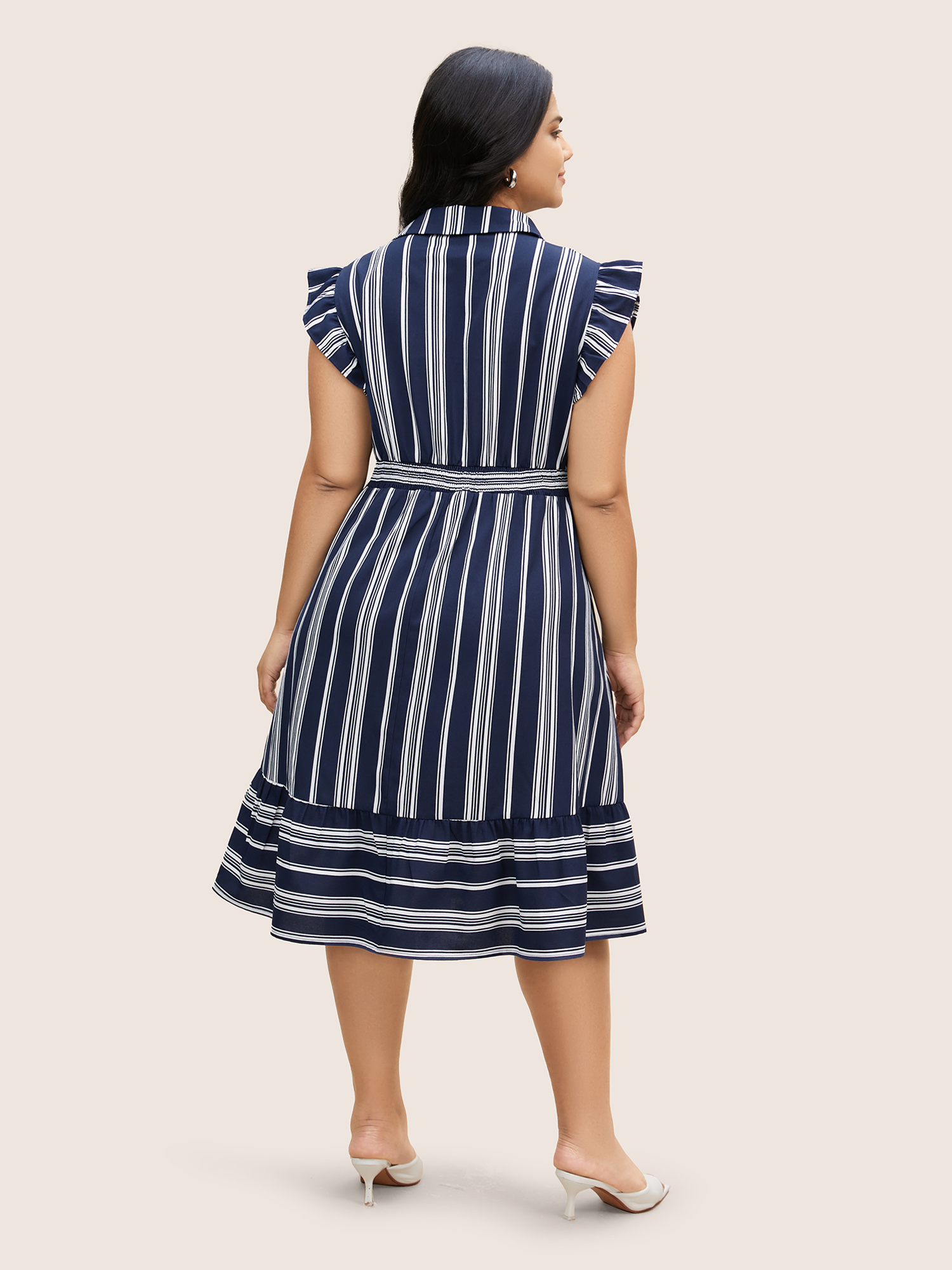 Plus Size Shirt Collar Striped Ruffle Cap Sleeve Dress Navy Women Shirt collar Cap Sleeve Curvy BloomChic 10/M 
