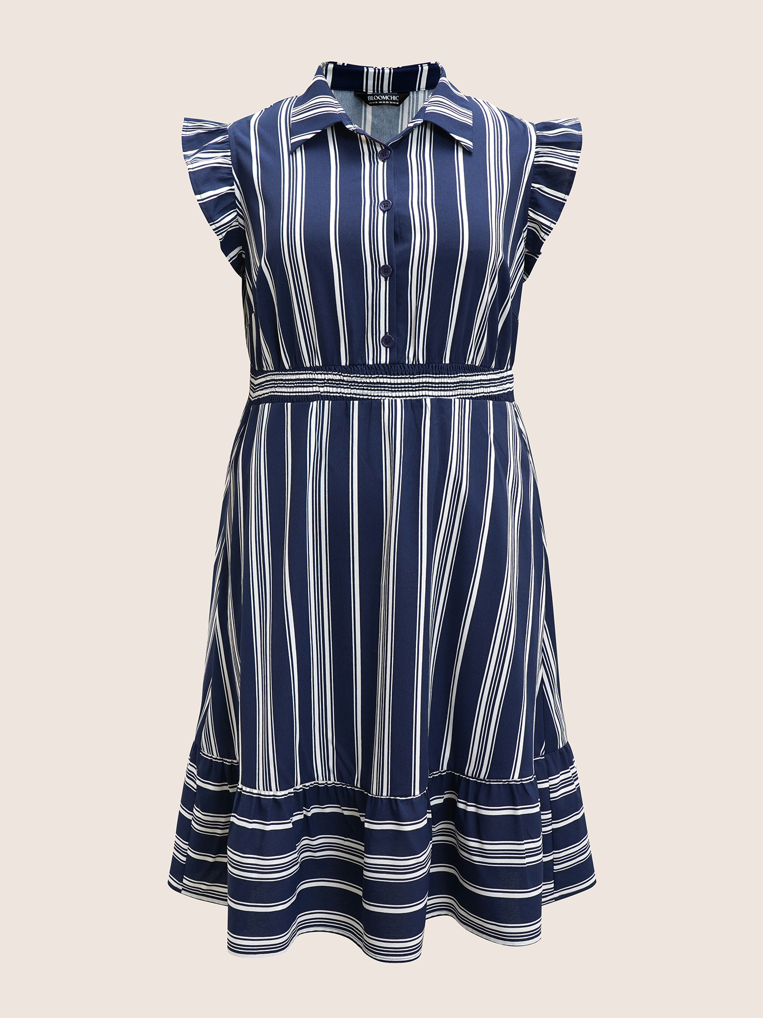 Plus Size Shirt Collar Striped Ruffle Cap Sleeve Dress Navy Women Shirt collar Cap Sleeve Curvy BloomChic 10/M 