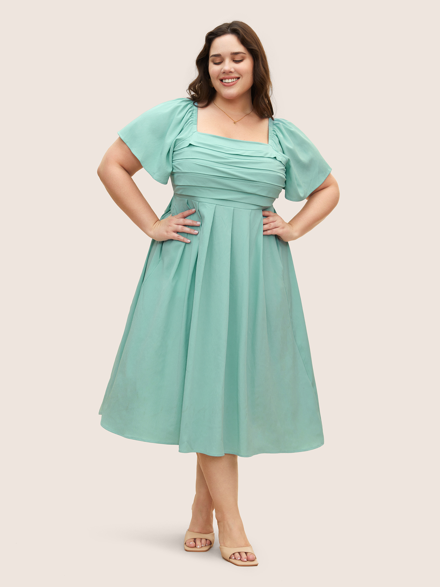 

Plus Size Square Neck Solid Pleated Ruffle Sleeve Dress Mint Women Elegant Pleated Square Neck Short sleeve Curvy BloomChic