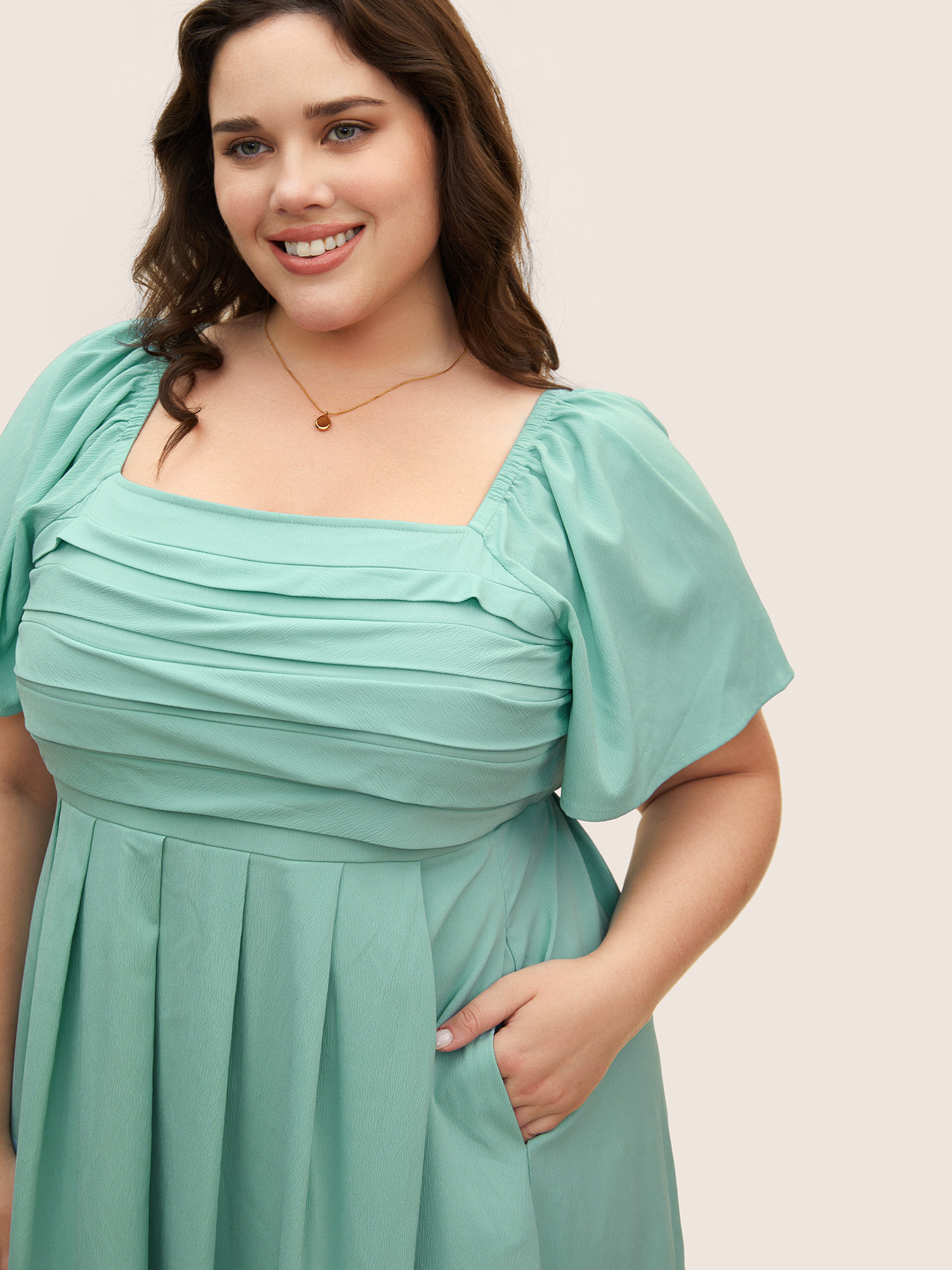 Plus Size Square Neck Solid Pleated Ruffle Sleeve Dress Mint Women Elegant Pleated Square Neck Short sleeve Curvy BloomChic 22-24/3X 