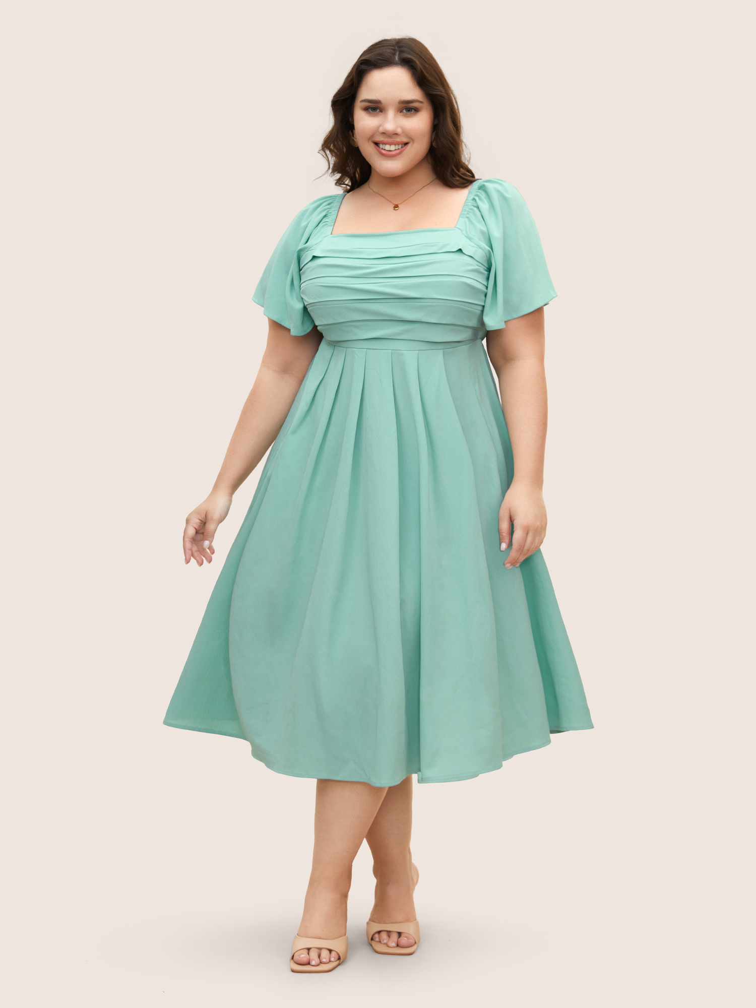 Plus Size Square Neck Solid Pleated Ruffle Sleeve Dress Mint Women Elegant Pleated Square Neck Short sleeve Curvy BloomChic 22-24/3X 