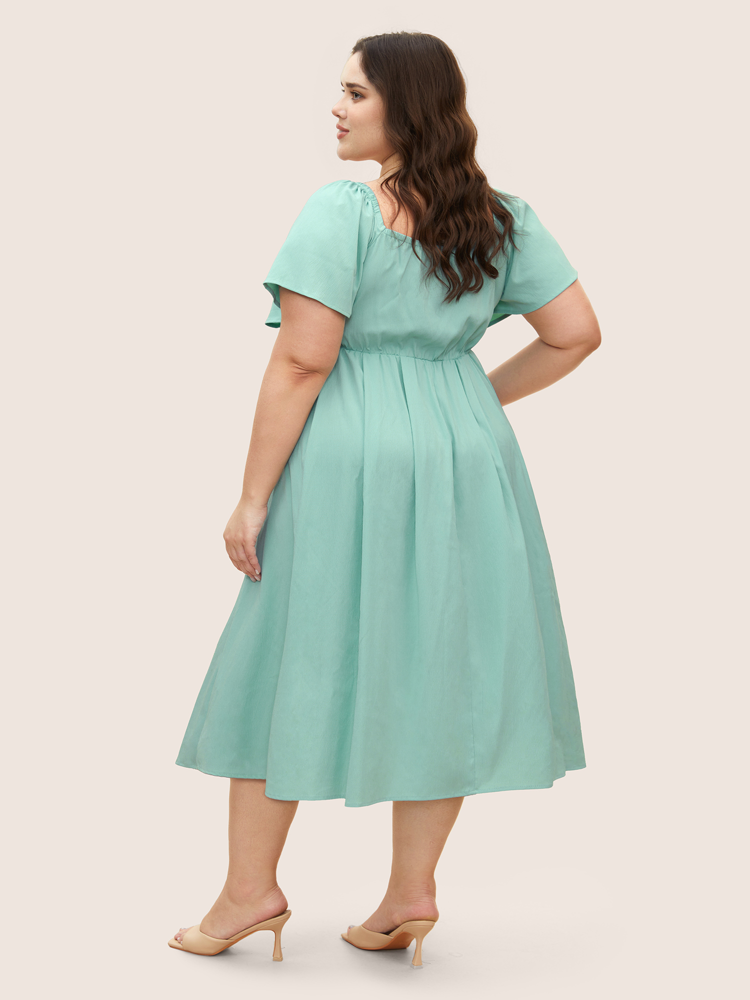 Plus Size Square Neck Solid Pleated Ruffle Sleeve Dress Mint Women Elegant Pleated Square Neck Short sleeve Curvy BloomChic 22-24/3X 