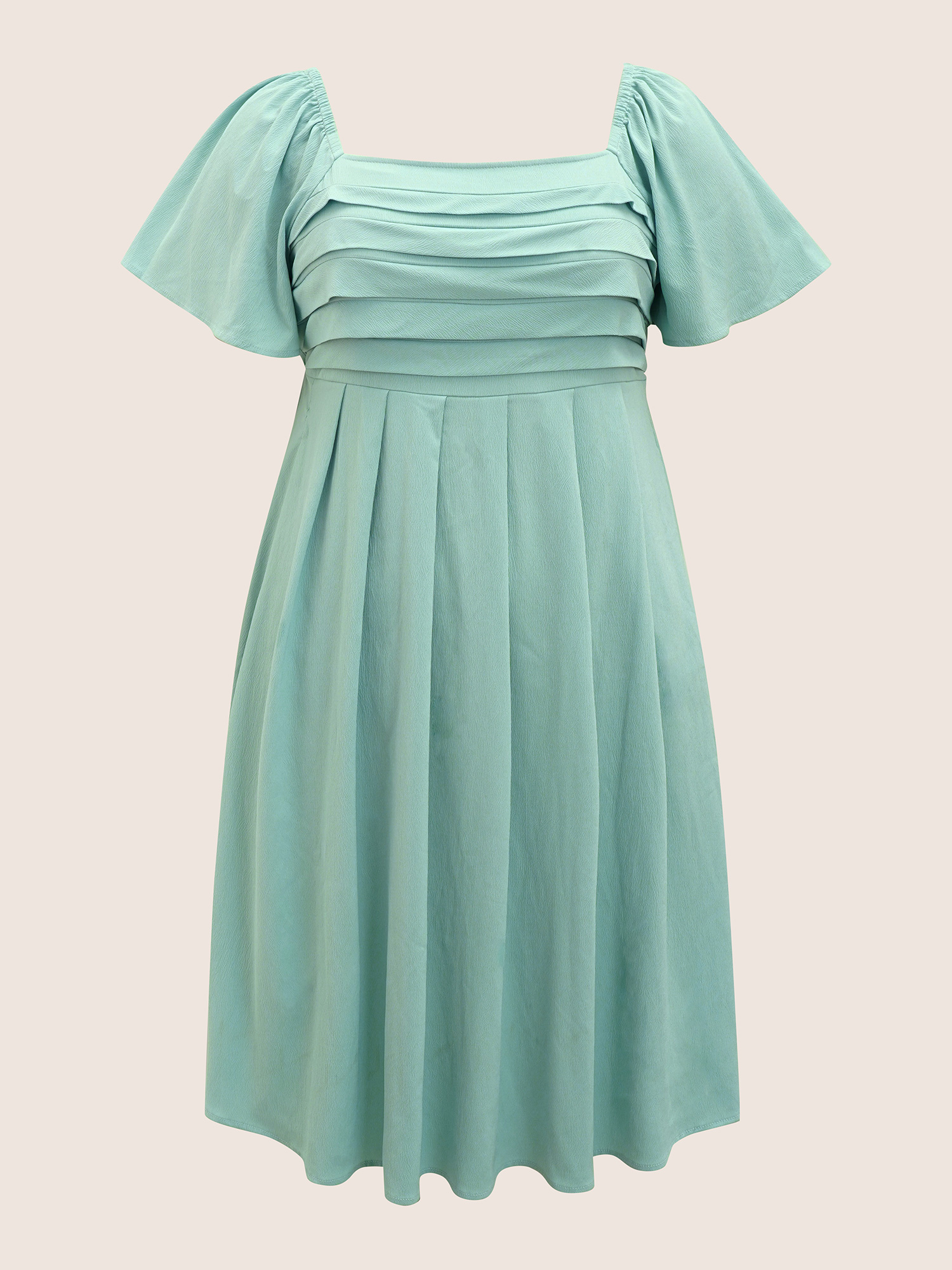 Plus Size Square Neck Solid Pleated Ruffle Sleeve Dress Mint Women Elegant Pleated Square Neck Short sleeve Curvy BloomChic 22-24/3X 