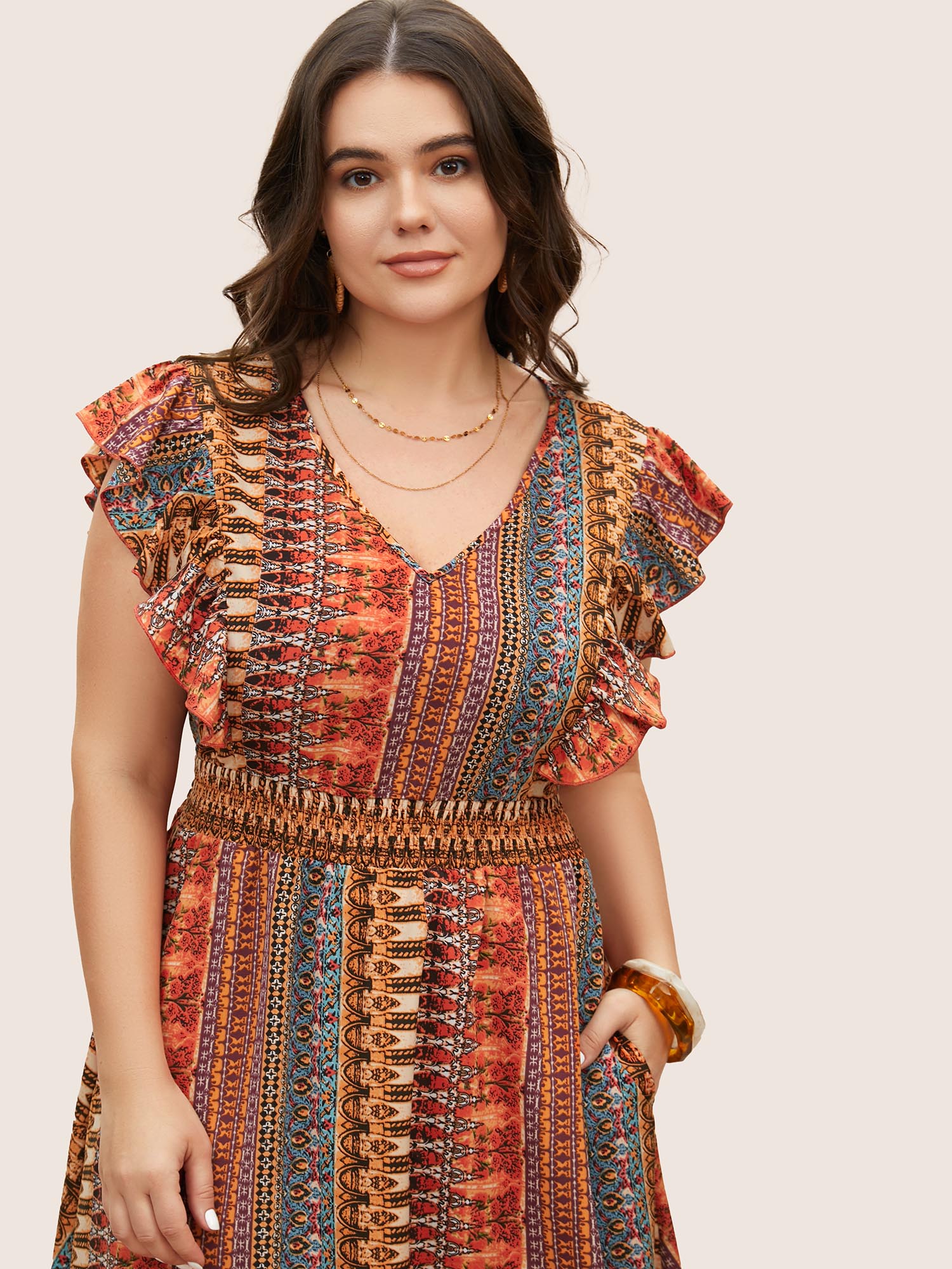 Plus Size Bandana Striped Shirred Ruffle Cap Sleeve Dress Multicolor Women Resort Shirred V-neck Sleeveless Curvy BloomChic 12/L 