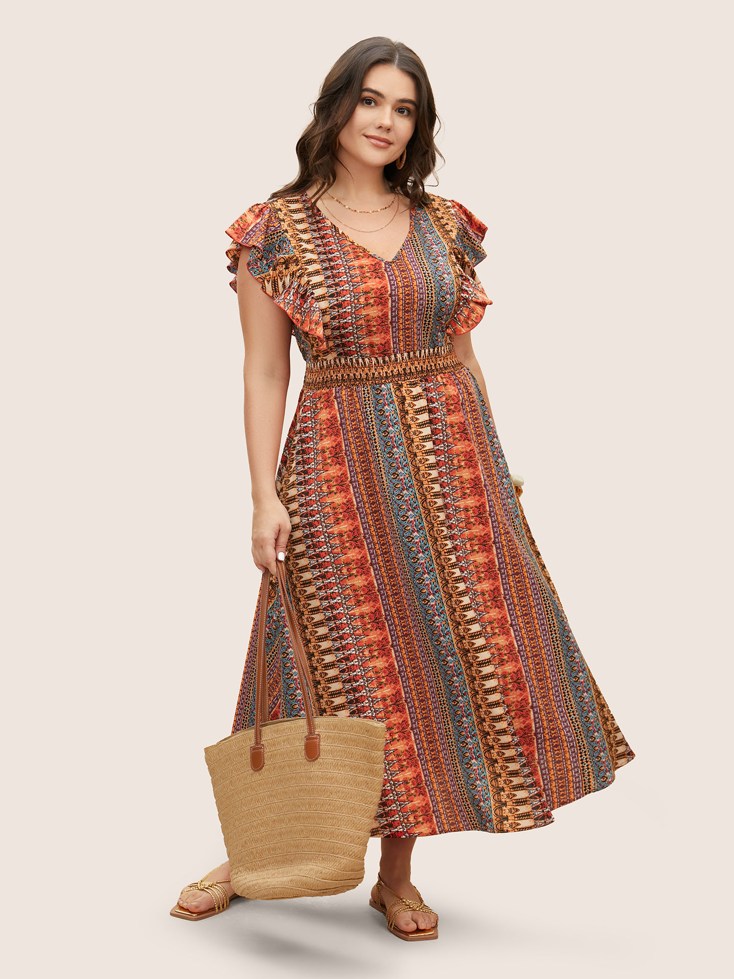 

Plus Size Bandana Striped Shirred Ruffle Cap Sleeve Dress Multicolor Women Resort Shirred V-neck Sleeveless Curvy BloomChic