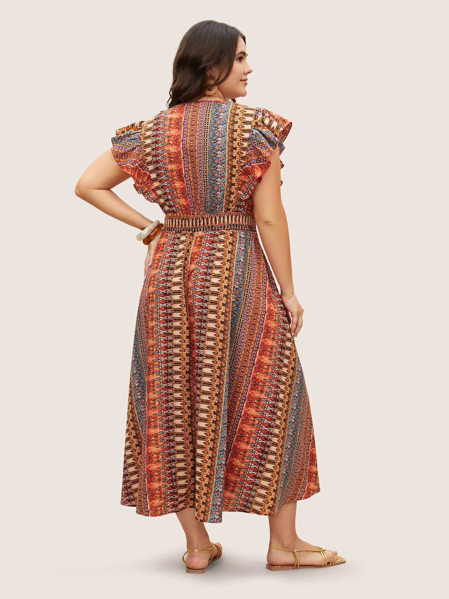 Plus Size Bandana Striped Shirred Ruffle Cap Sleeve Dress Multicolor Women Resort Shirred V-neck Sleeveless Curvy BloomChic 12/L 