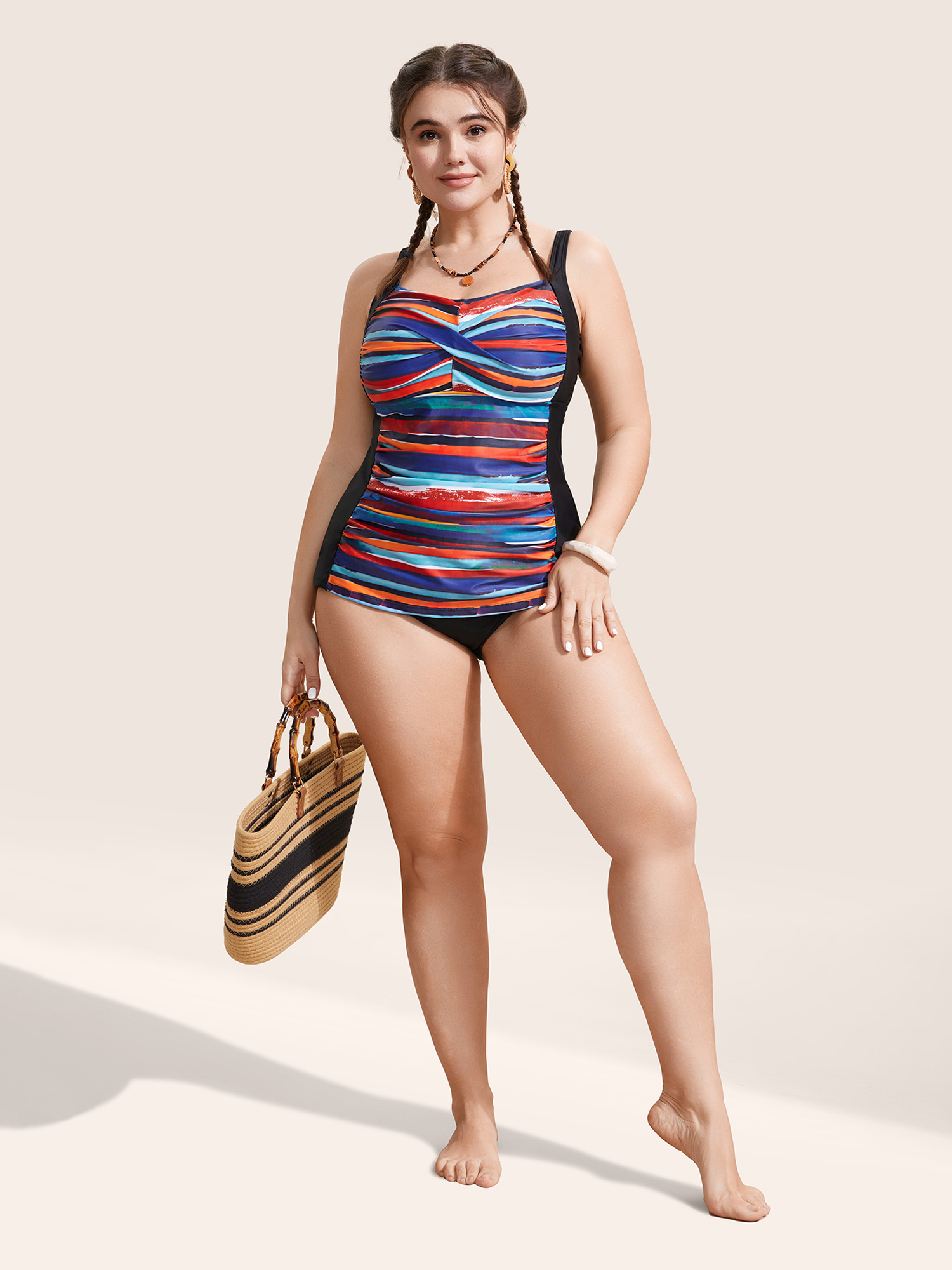 Plus Size Colored Striped Gathered Twist Front Swim Top Women`s Swimwear Multicolor Beach Twist High stretch Skinny Heart neckline Curve Swim Tops BloomChic 28/5X 