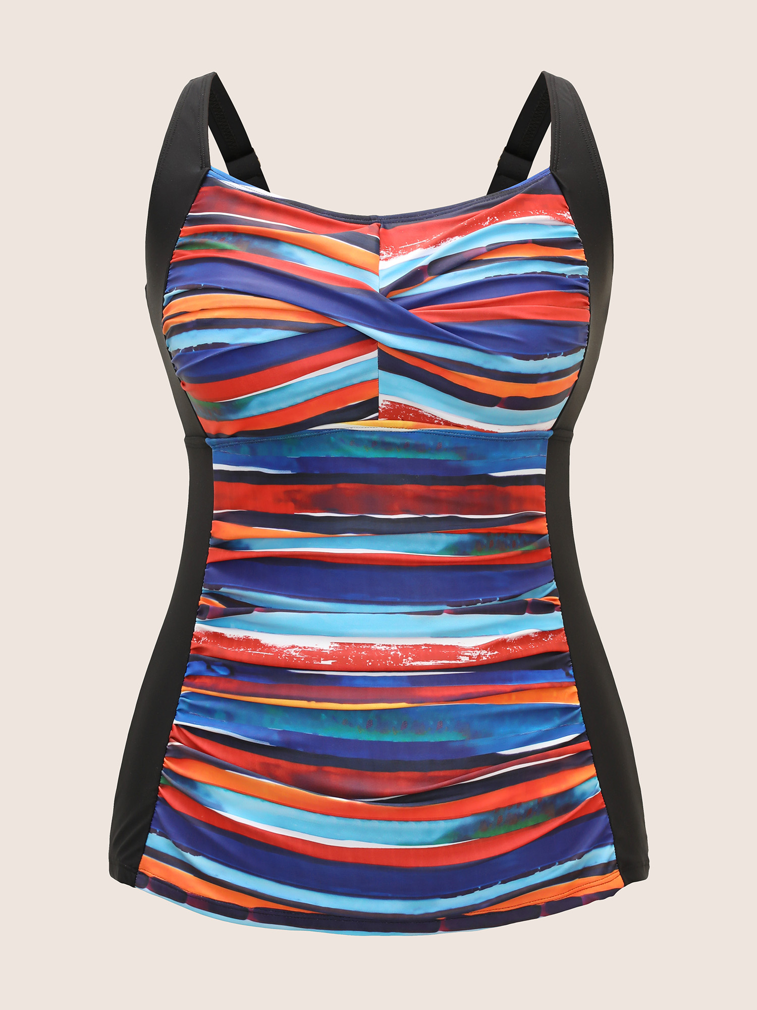 Plus Size Colored Striped Gathered Twist Front Swim Top Women`s Swimwear Multicolor Beach Twist High stretch Skinny Heart neckline Curve Swim Tops BloomChic 28/5X 