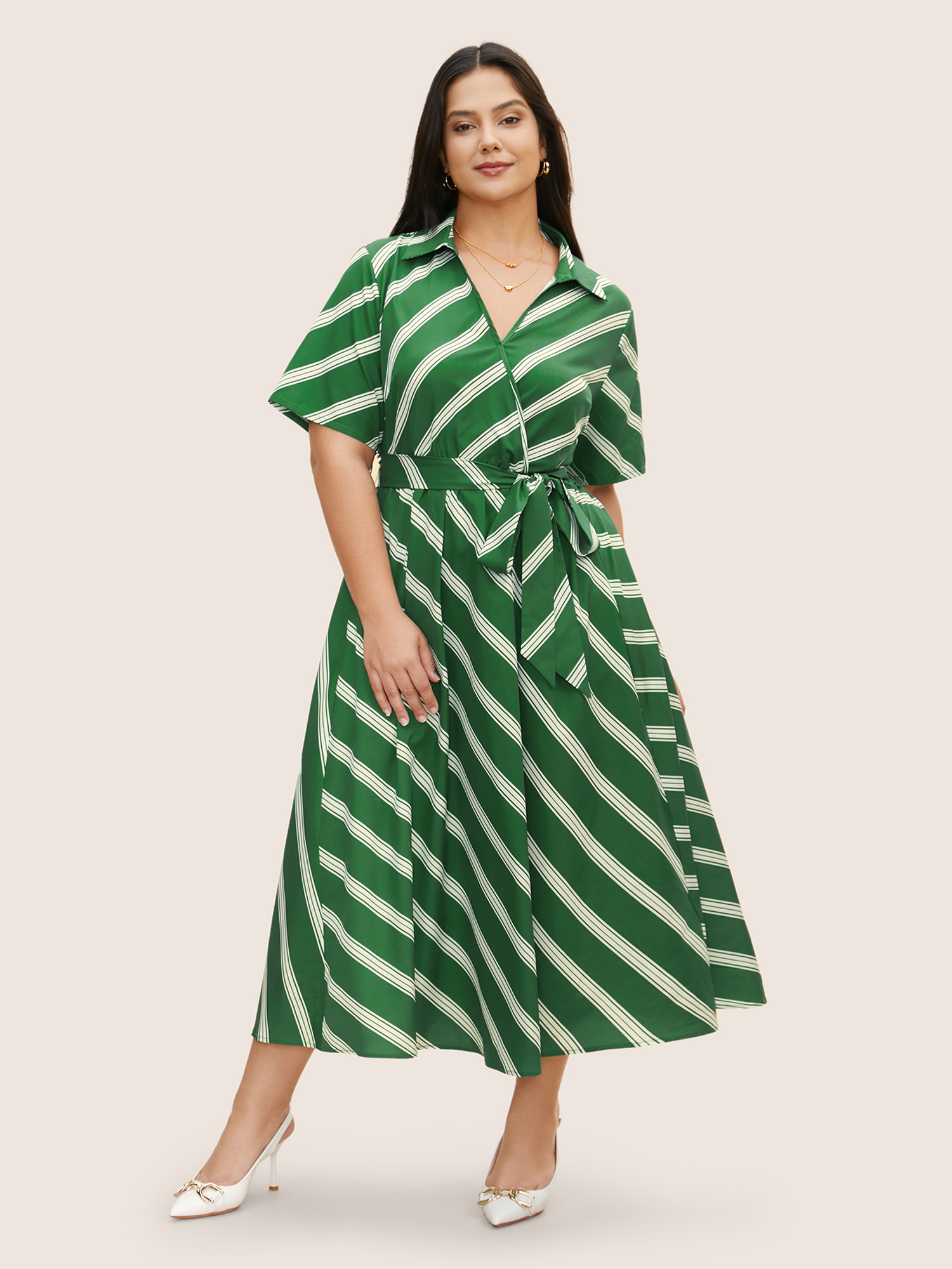 

Plus Size Striped Shirt Collar Wrap Belted Dress Truegreen Women Belted Shirt collar Short sleeve Curvy BloomChic