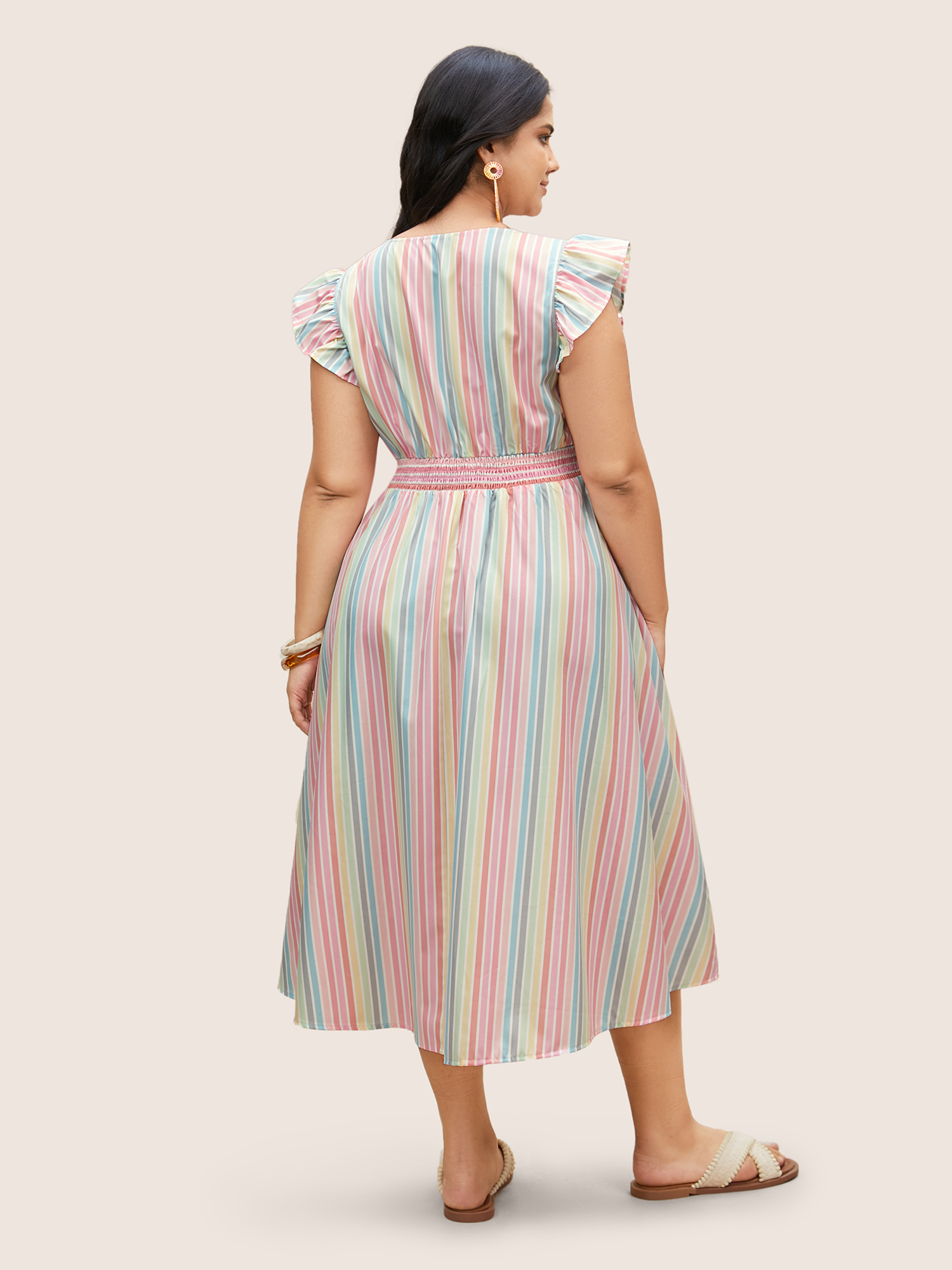 

Plus Size Colored Striped Button Detail Ruffles Dress Multicolor Women Button V-neck Cap Sleeve Curvy BloomChic