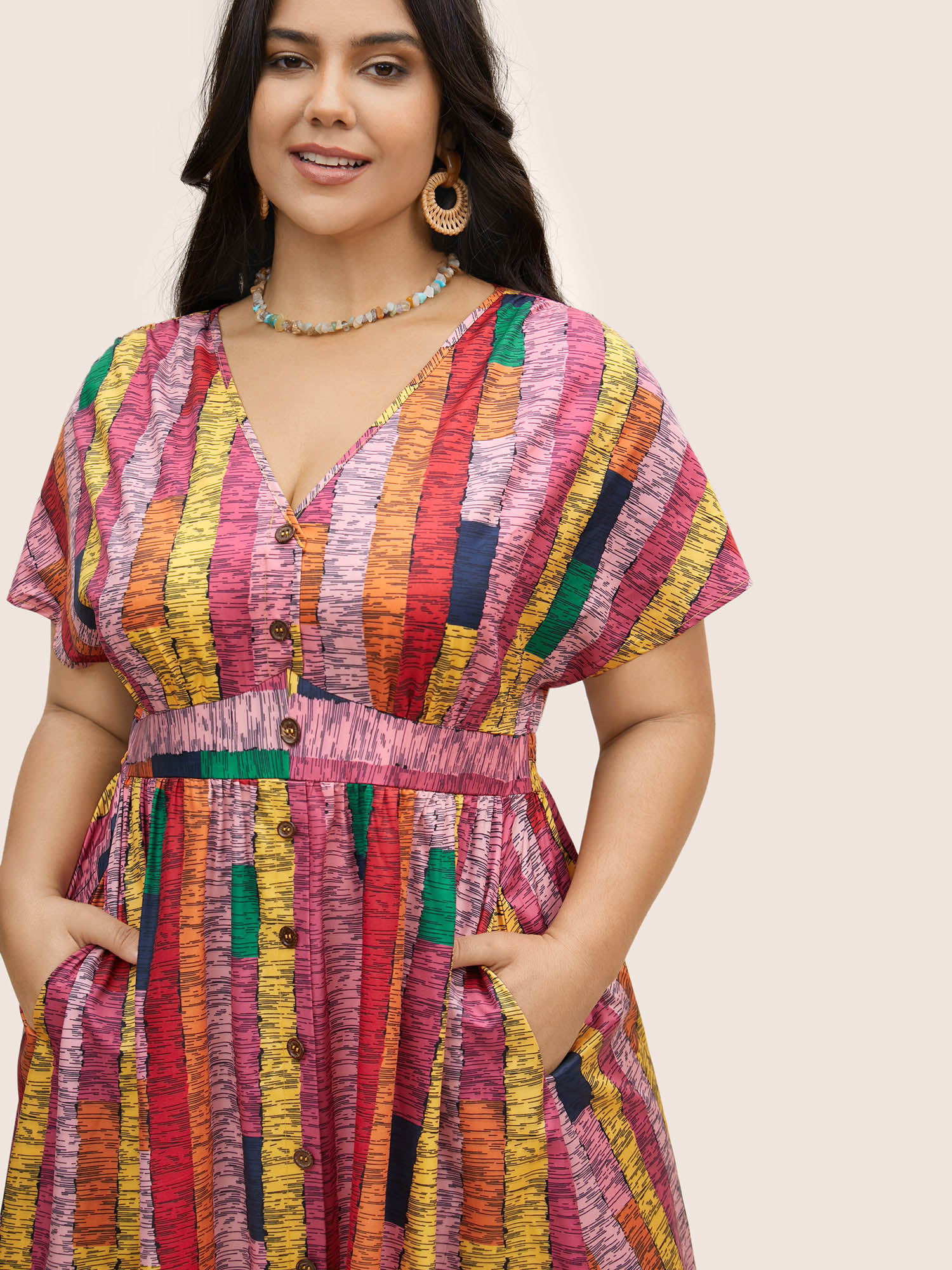 Plus Size Colorblock Contrast Button Detail Dolman Sleeve Dress Multicolor Women Resort Button V-neck Short sleeve Curvy BloomChic 18-20/2X 