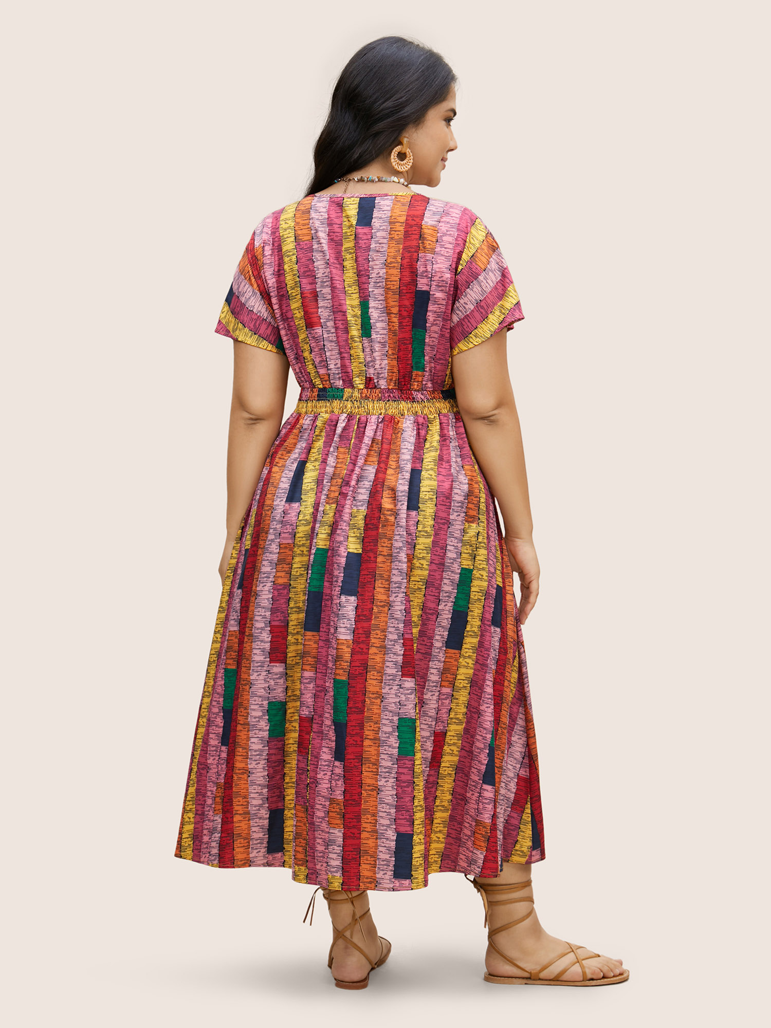 Plus Size Colorblock Contrast Button Detail Dolman Sleeve Dress Multicolor Women Resort Button V-neck Short sleeve Curvy BloomChic 18-20/2X 